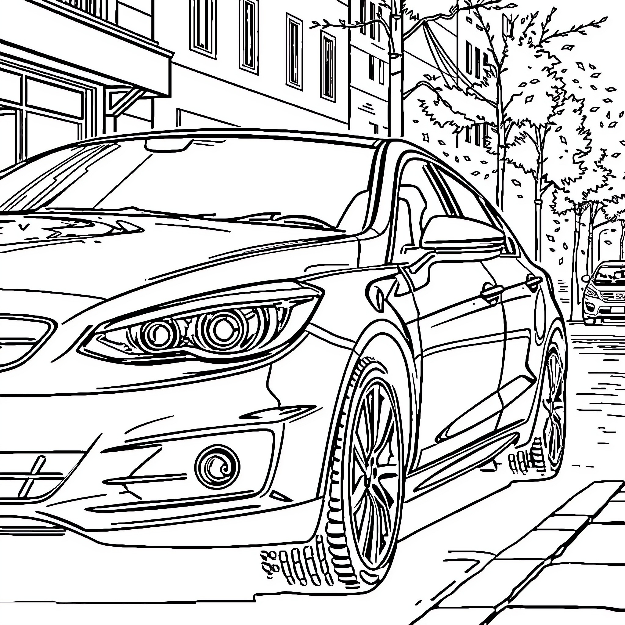 Car in urban street scene Coloring Page (free black-and-white line drawing printable PDF for all, from beginners to advanced learners, including children, teens, adults, and seniors)