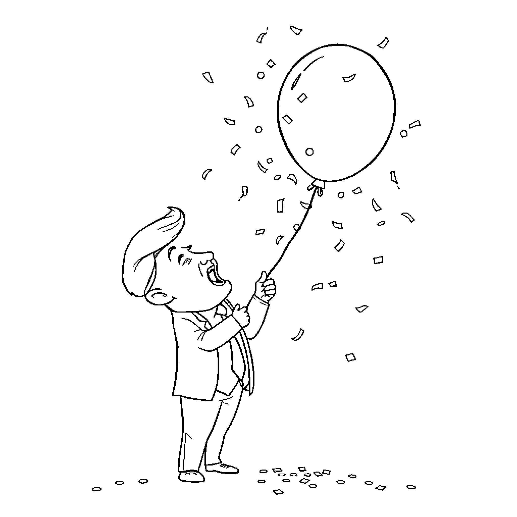 Trump holding a balloon with confetti Coloring Page (free black-and-white line drawing printable PDF for all, from beginners to advanced learners, including children, teens, adults, and seniors)