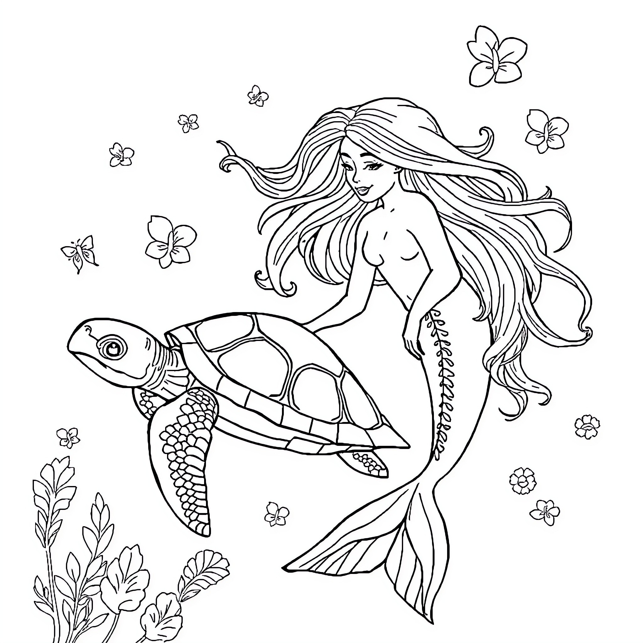 Mermaid swimming with a sea turtle and flowers Coloring Page (free black-and-white line drawing printable PDF for all, from beginners to advanced learners, including children, teens, adults, and seniors)