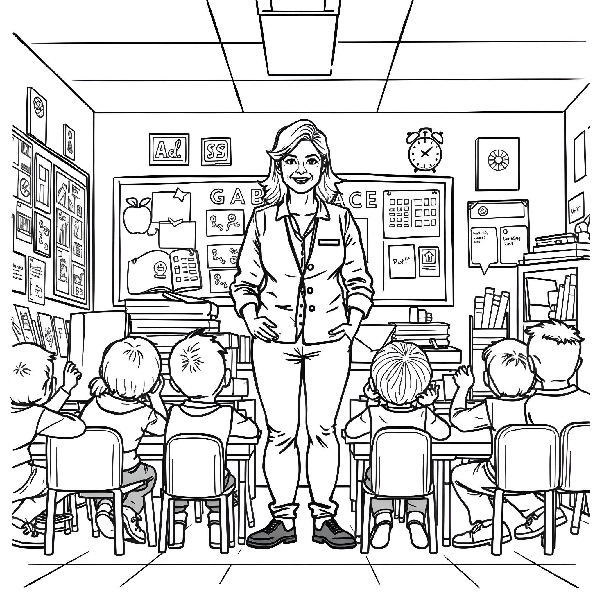 Teacher standing in front of students in classroom Coloring Page (free black-and-white line drawing printable PDF for all, from beginners to advanced learners, including children, teens, adults, and seniors)
