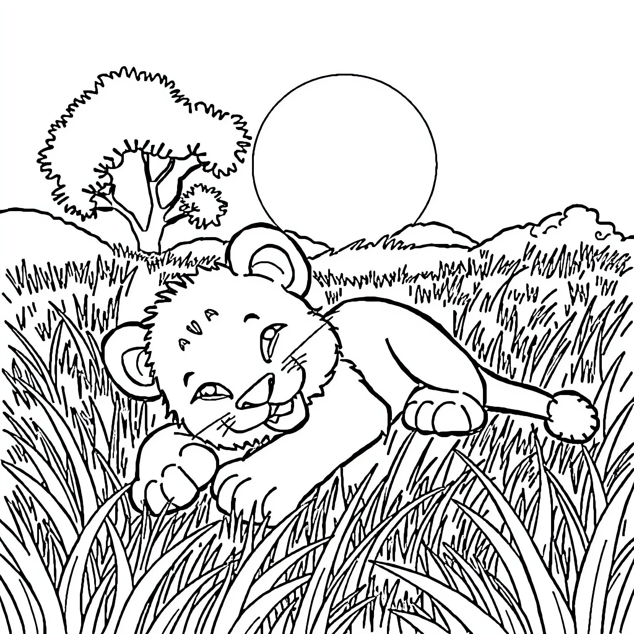 Lion Cub Resting in Tall Grass Coloring Page (free black-and-white line drawing printable PDF for all, from beginners to advanced learners, including children, teens, adults, and seniors)