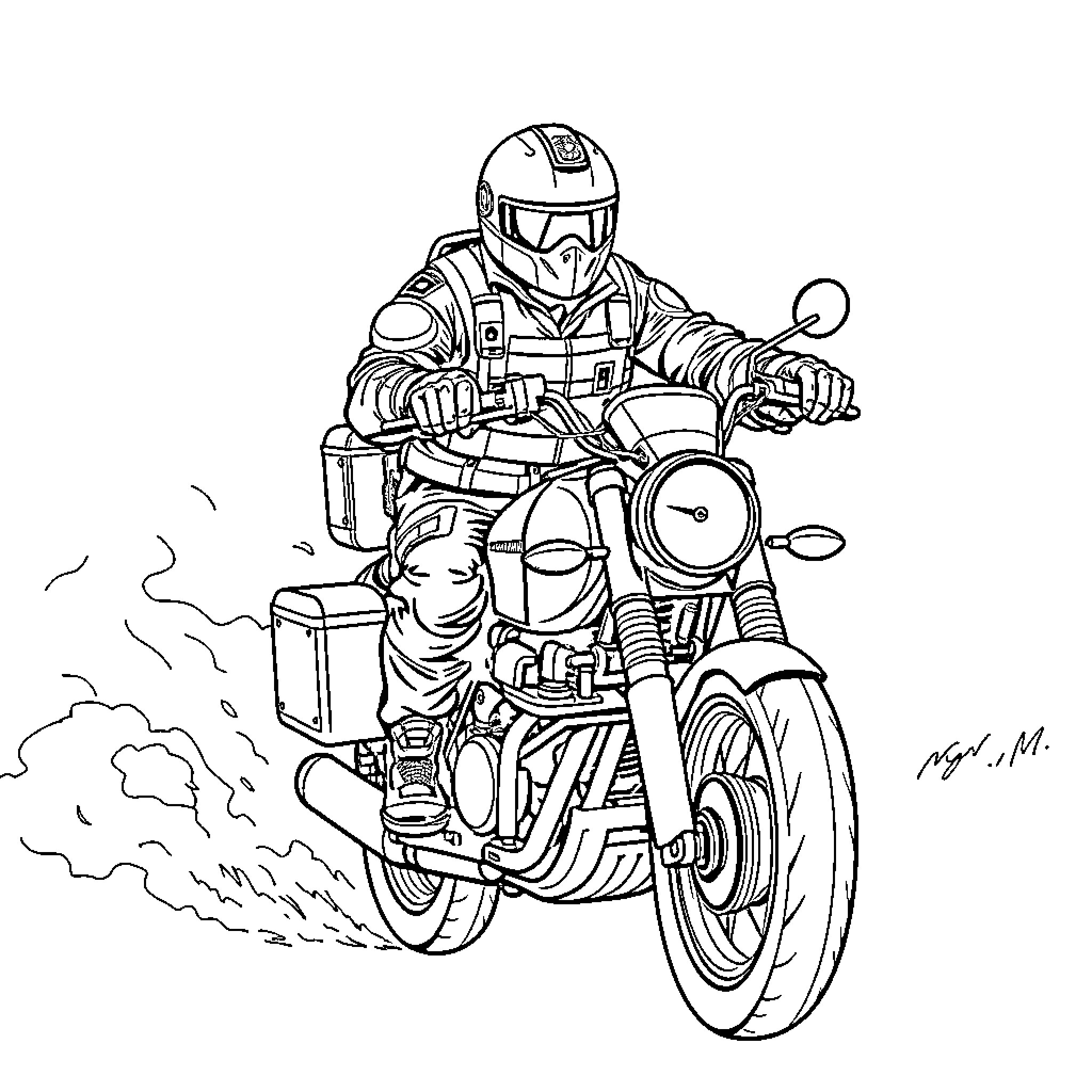Gendarme on a motorcycle in action Coloring Page (free black-and-white line drawing printable PDF for all, from beginners to advanced learners, including children, teens, adults, and seniors)