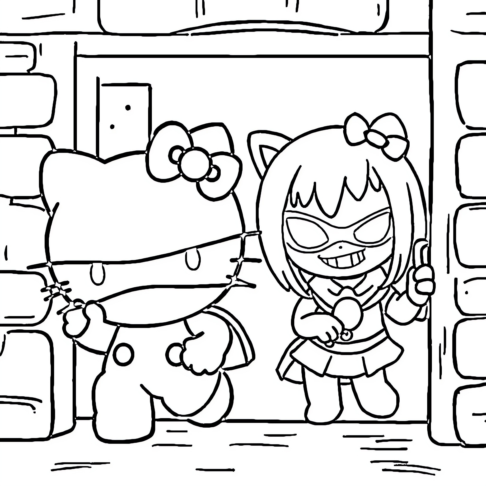 Hello Kitty characters in a cartoon-like scene Coloring Page (free black-and-white line drawing printable PDF for all, from beginners to advanced learners, including children, teens, adults, and seniors)