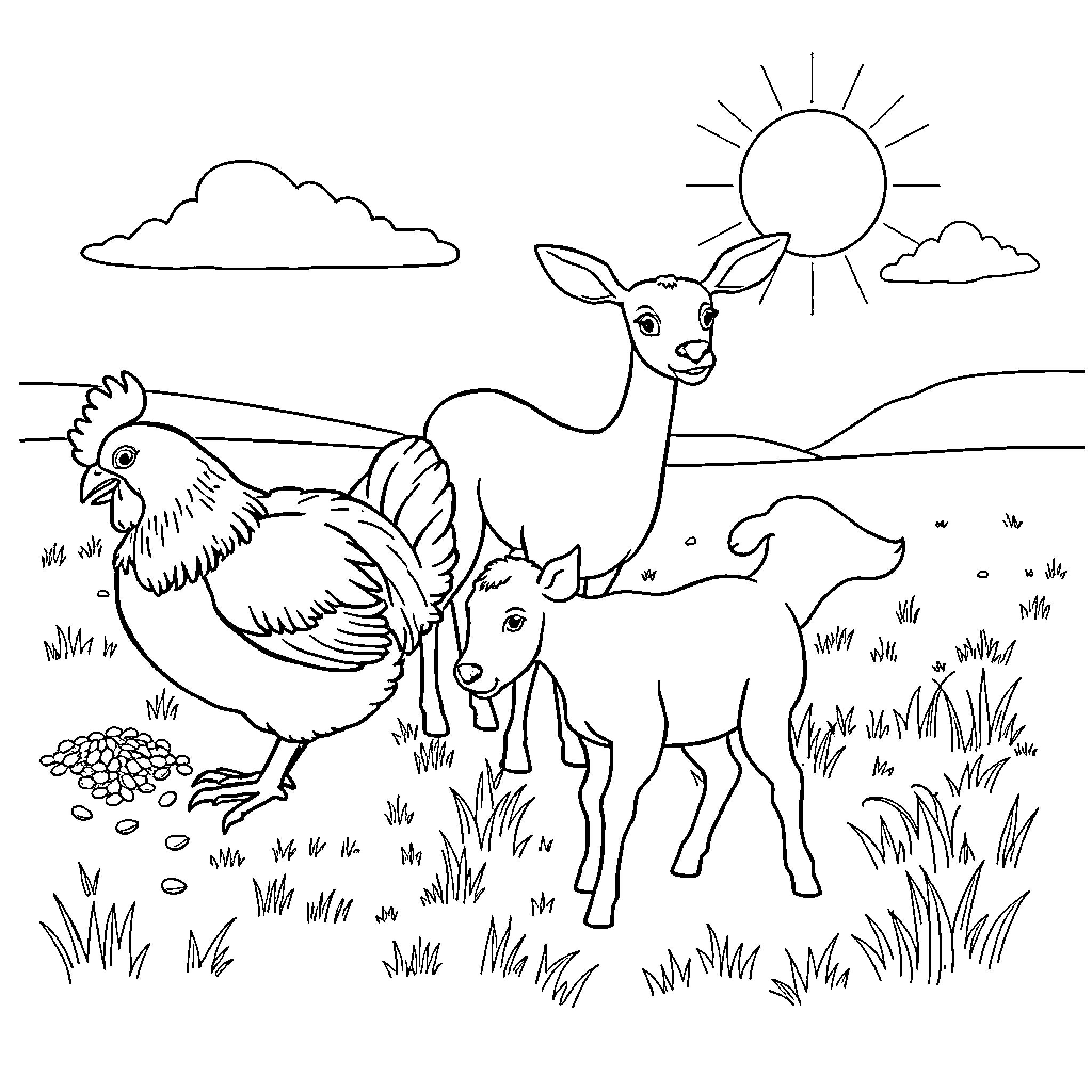Chicken, Deer, and Rooster in Scenic Countryside Coloring Page (free black-and-white line drawing printable PDF for all, from beginners to advanced learners, including children, teens, adults, and seniors)