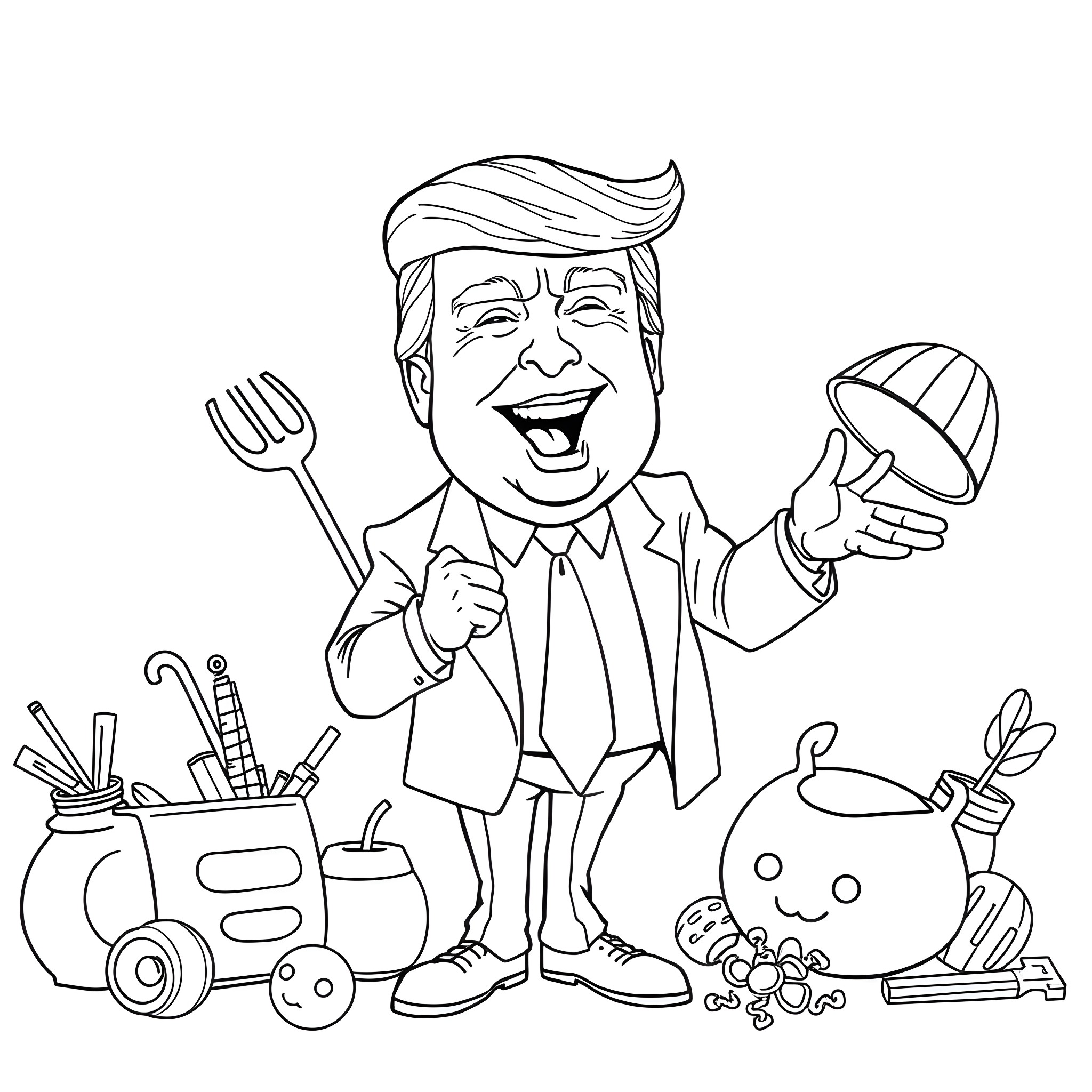 Donald Trump displaying his love for cooking and gardening Coloring Page (free black-and-white line drawing printable PDF for all, from beginners to advanced learners, including children, teens, adults, and seniors)