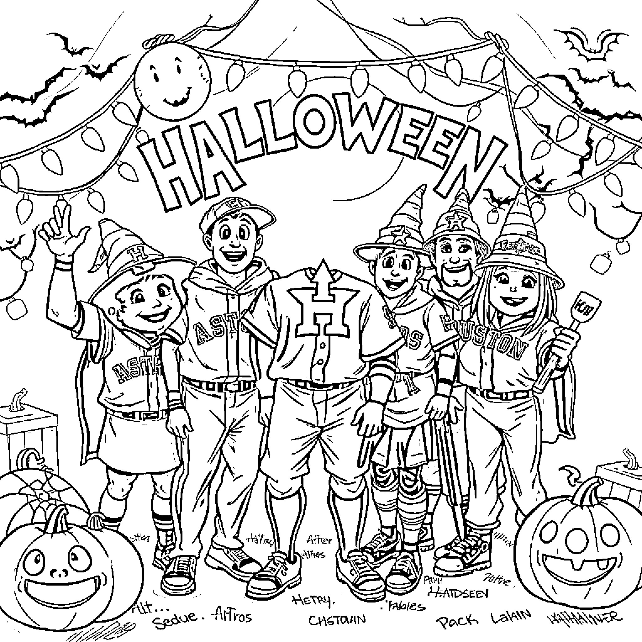Houston Astros Players Celebrate Halloween with Costumes Coloring Page (free black-and-white line drawing printable PDF for all, from beginners to advanced learners, including children, teens, adults, and seniors)