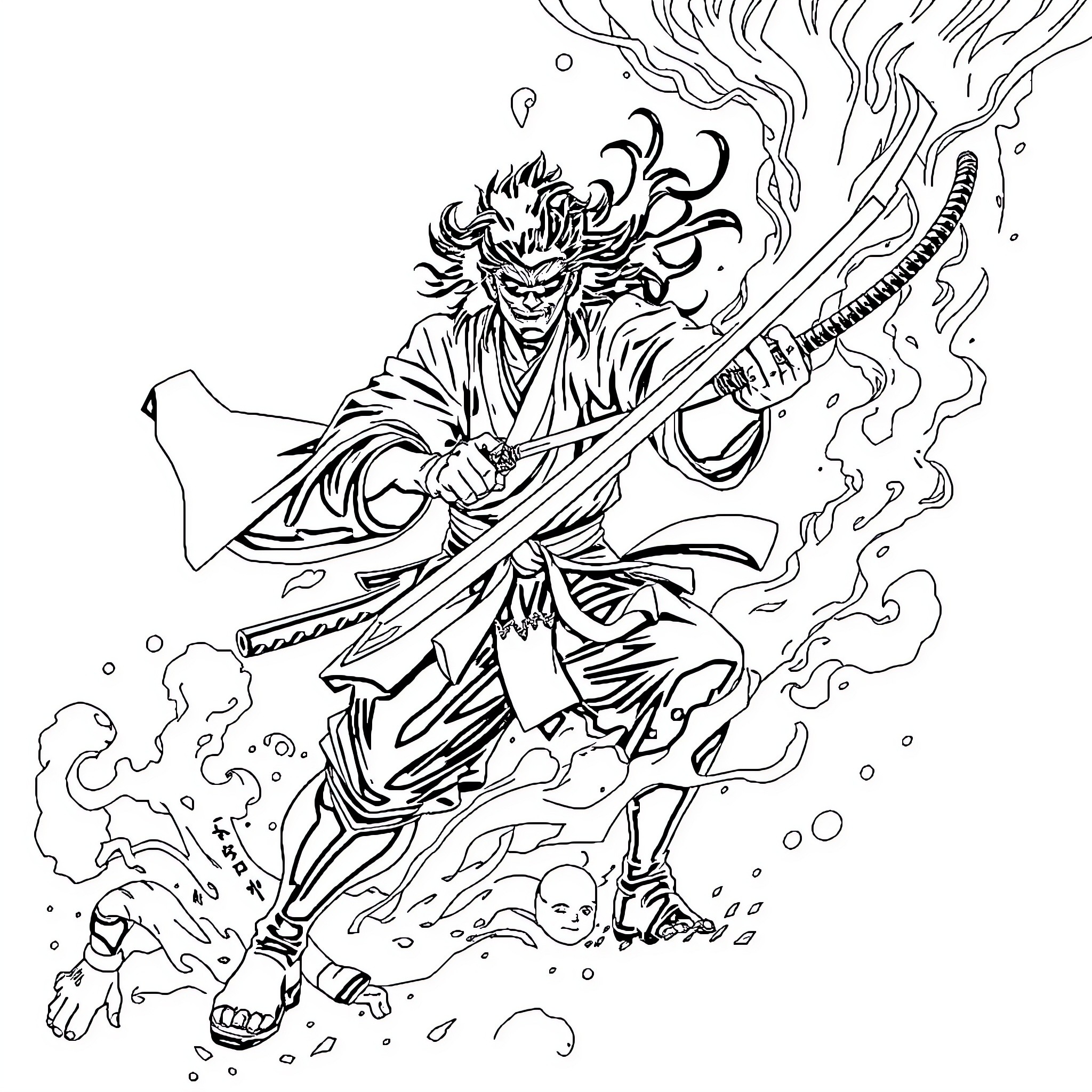 Tokito's Fierce Samurai Battle Coloring Page (free black-and-white line drawing printable PDF for all, from beginners to advanced learners, including children, teens, adults, and seniors)