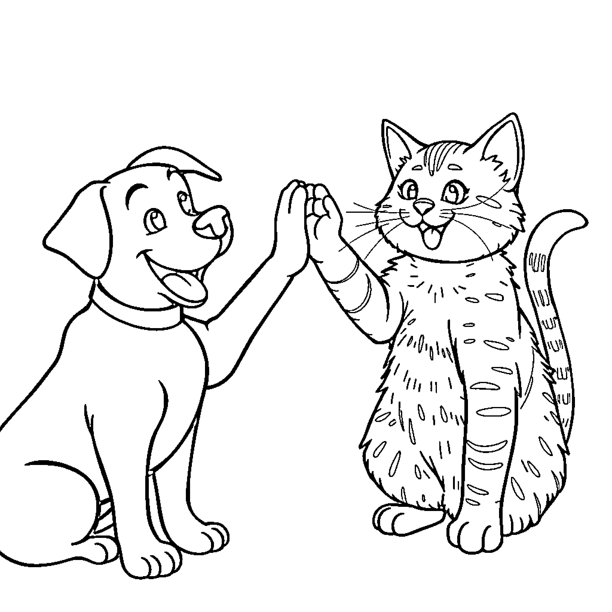 Dog and Cat Celebrating Together Coloring Page (free black-and-white line drawing printable PDF for all, from beginners to advanced learners, including children, teens, adults, and seniors)