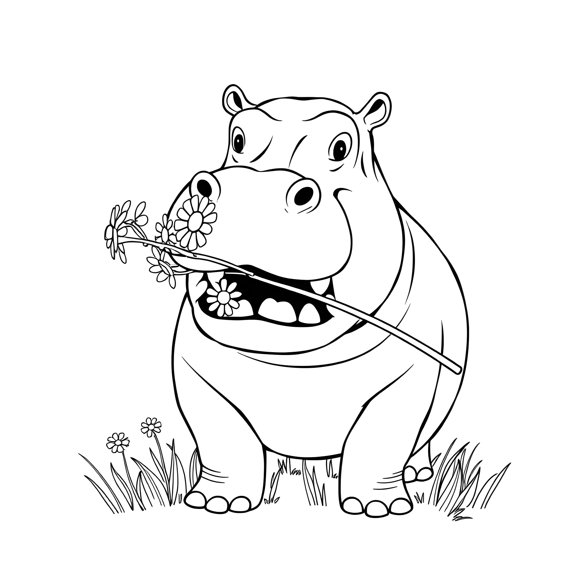 Hippopotamus enjoying a floral bouquet Coloring Page (free black-and-white line drawing printable PDF for all, from beginners to advanced learners, including children, teens, adults, and seniors)