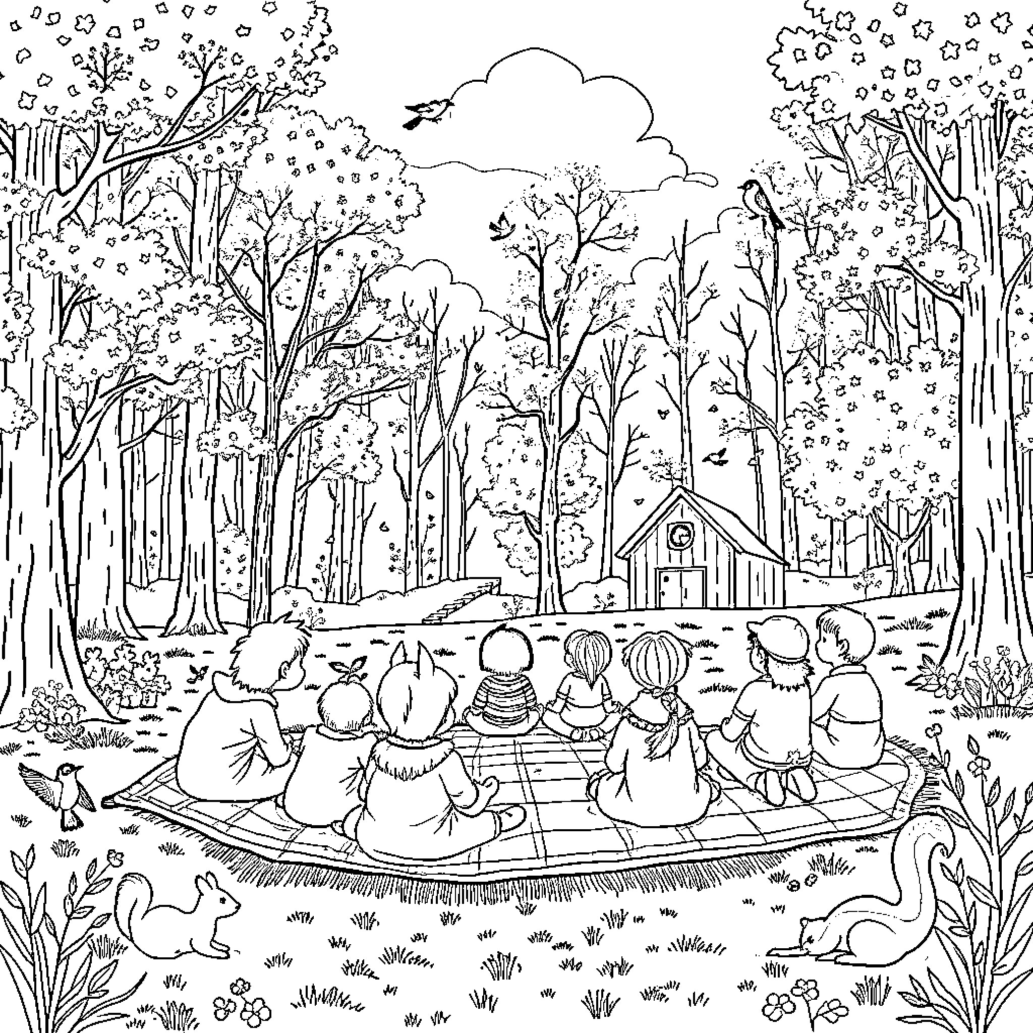 School Gathering in the Enchanted Forest Coloring Page (free black-and-white line drawing printable PDF for all, from beginners to advanced learners, including children, teens, adults, and seniors)
