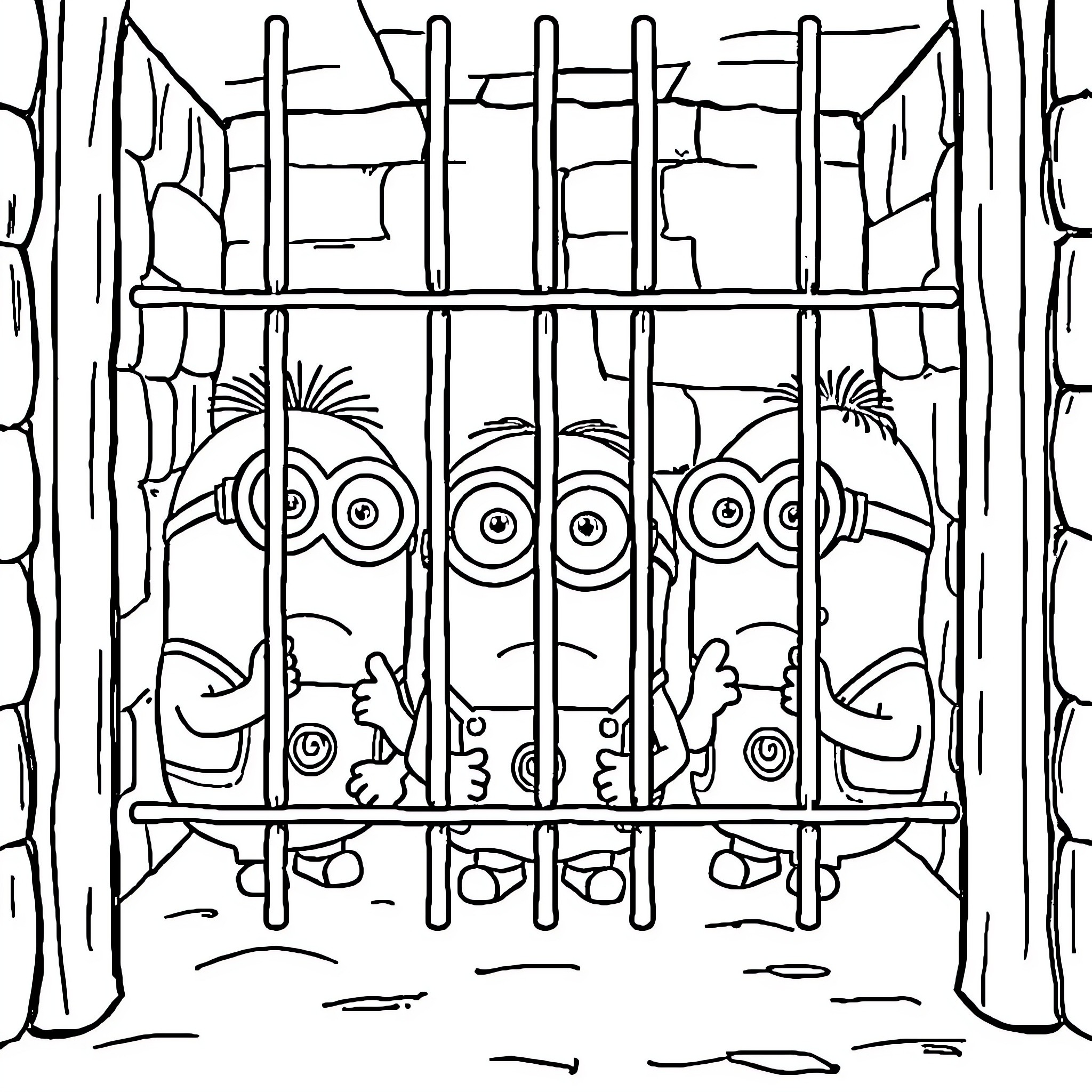 Minions imprisoned in a cage Coloring Page (free black-and-white line drawing printable PDF for all, from beginners to advanced learners, including children, teens, adults, and seniors)