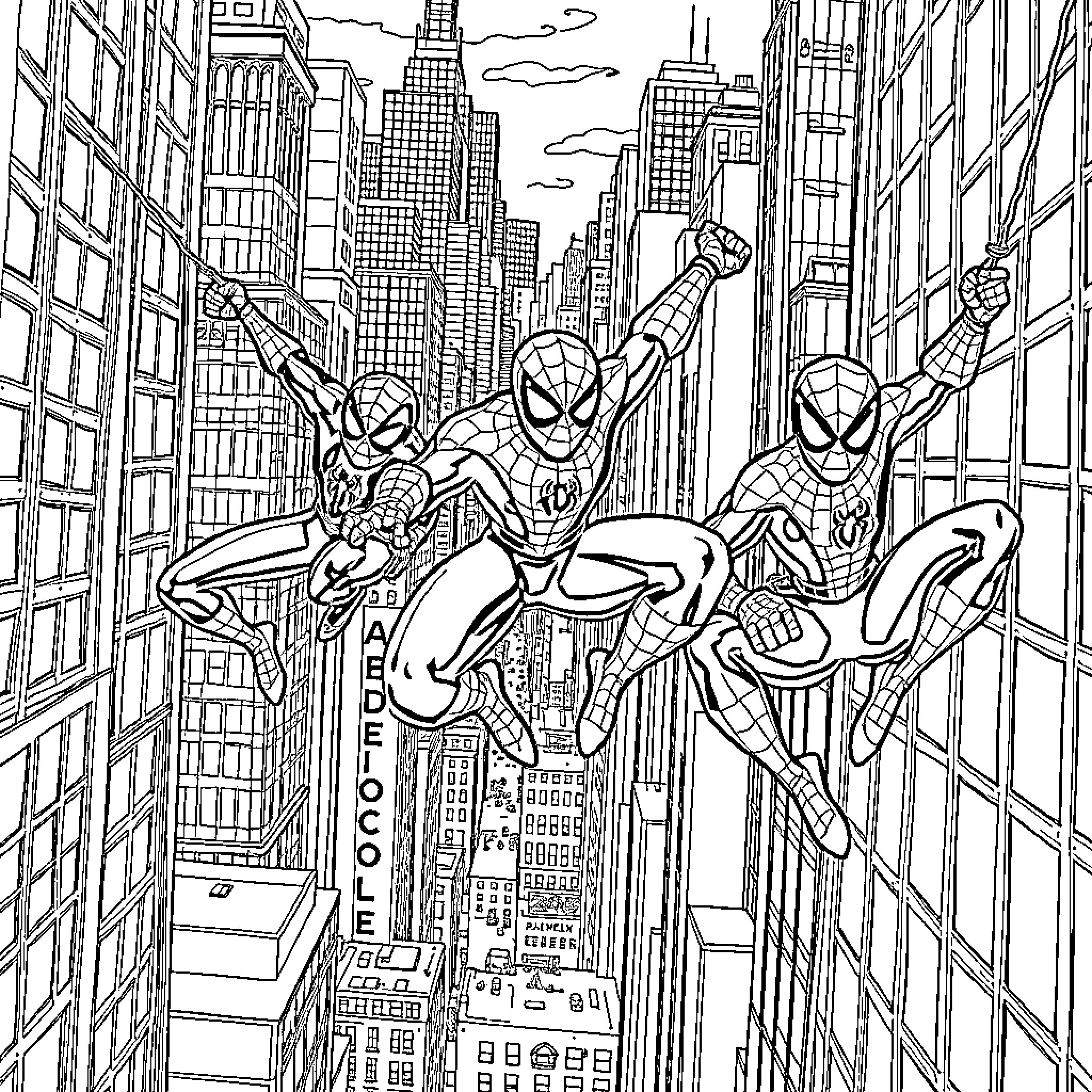 Spider-heroes swinging through the city skyline Coloring Page (free black-and-white line drawing printable PDF for all, from beginners to advanced learners, including children, teens, adults, and seniors)
