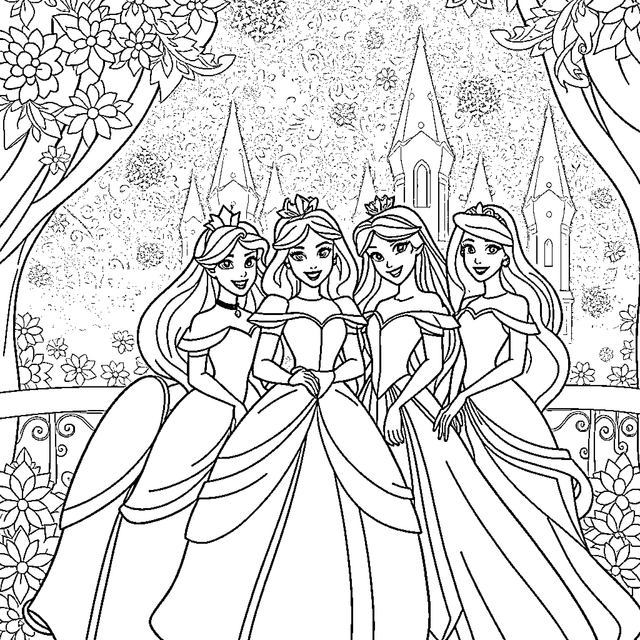 Disney Princesses Celebrating Together at a Royal Ball Coloring Page (free black-and-white line drawing printable PDF for all, from beginners to advanced learners, including children, teens, adults, and seniors)