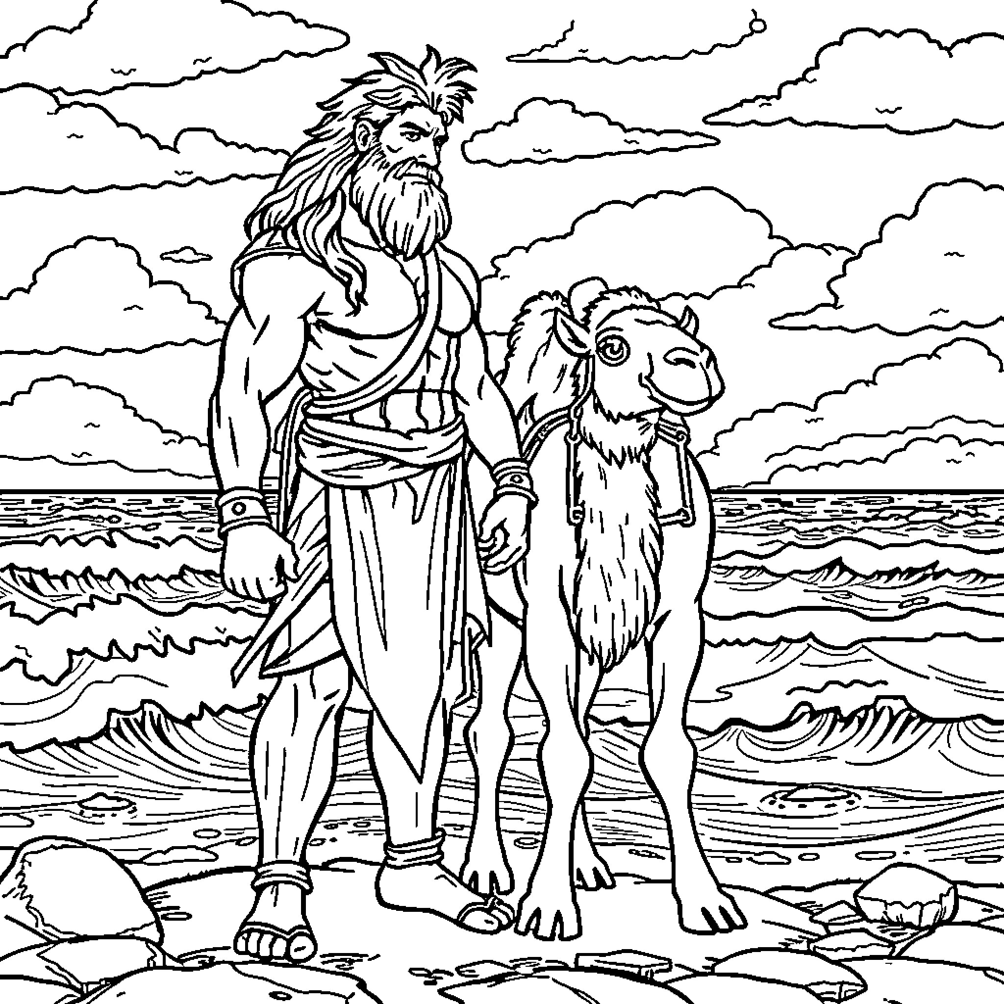 Hercules and his lion companion by the sea Coloring Page (free black-and-white line drawing printable PDF for all, from beginners to advanced learners, including children, teens, adults, and seniors)