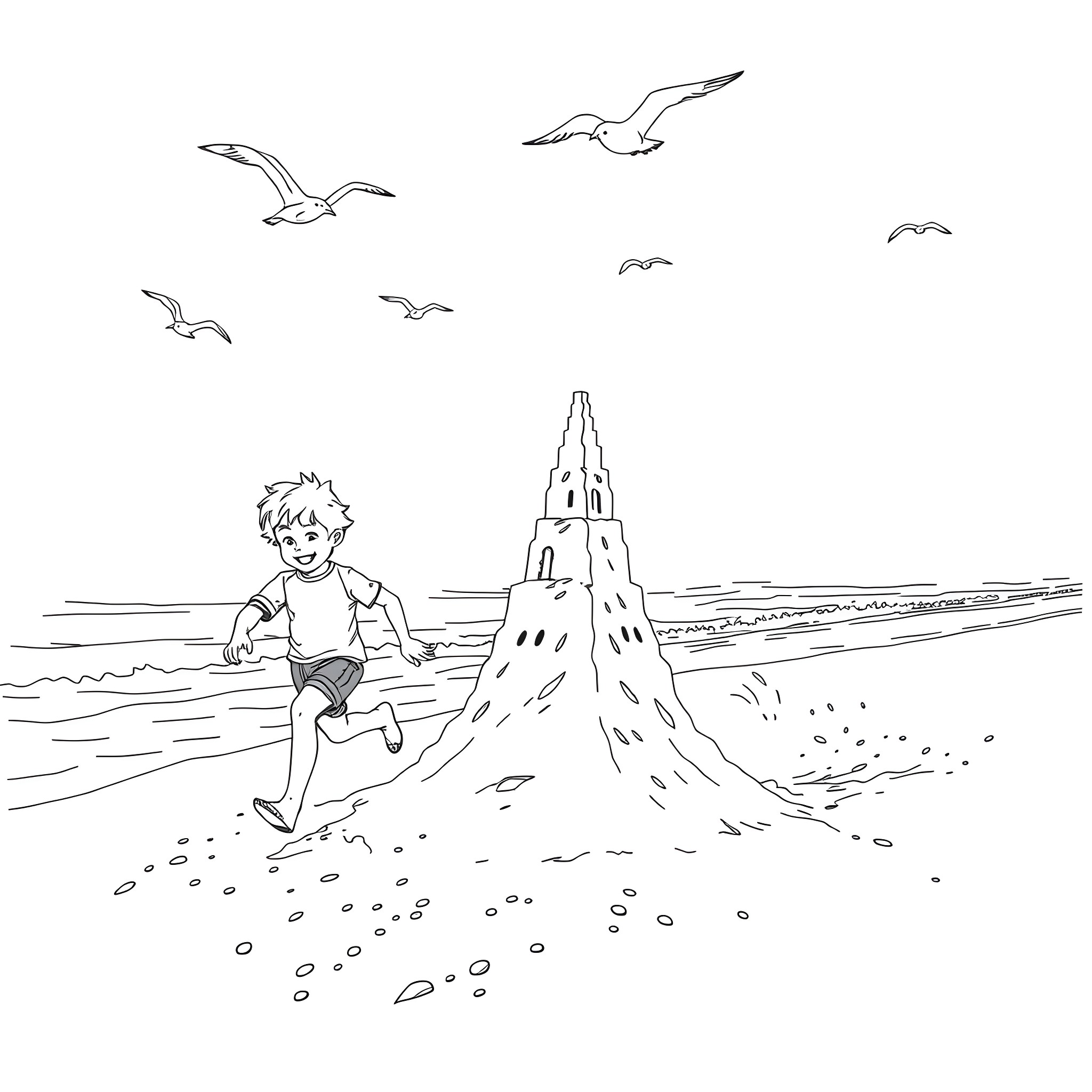 Brother running happily on the beach Coloring Page (free black-and-white line drawing printable PDF for all, from beginners to advanced learners, including children, teens, adults, and seniors)