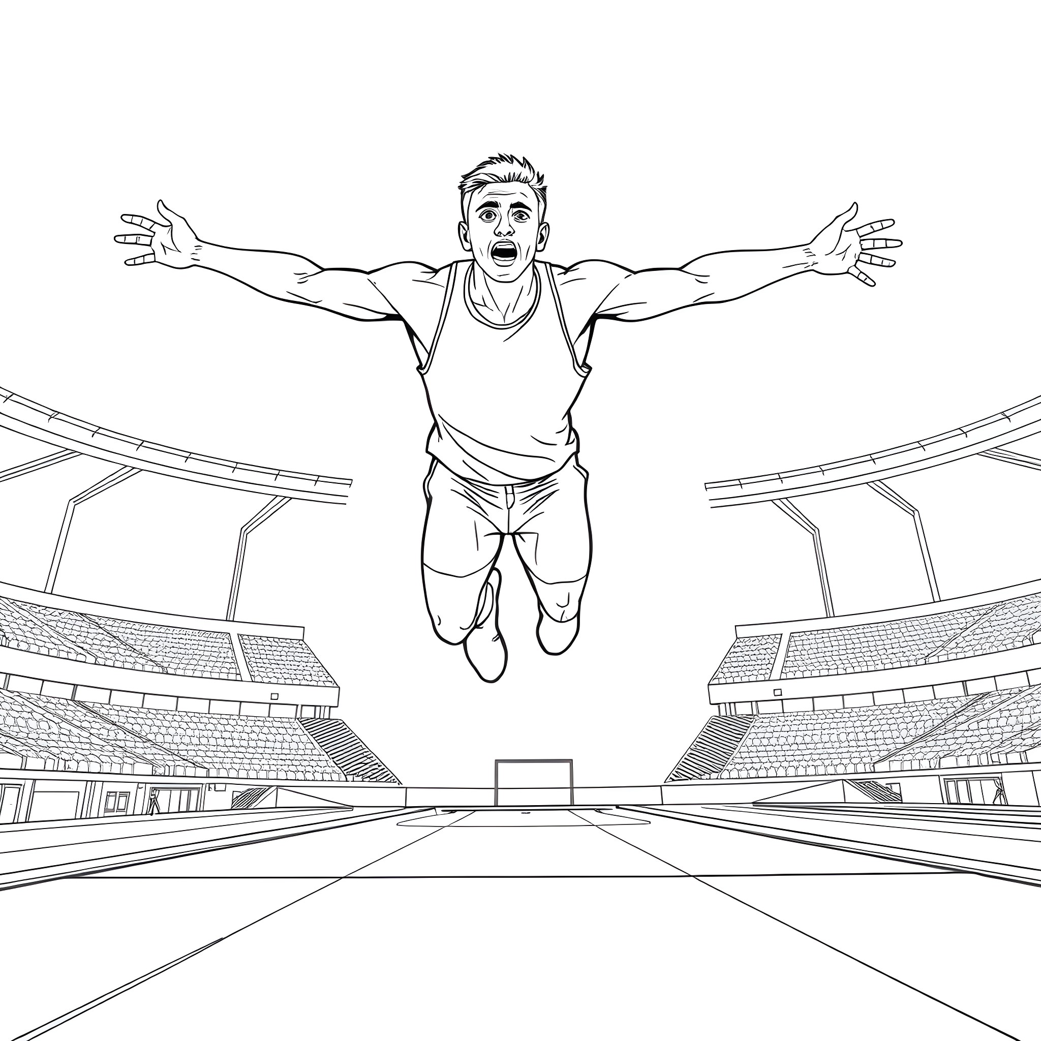 Man Performing High-Flying Acrobatic Stunt in Sports Arena Coloring Page (free black-and-white line drawing printable PDF for all, from beginners to advanced learners, including children, teens, adults, and seniors)