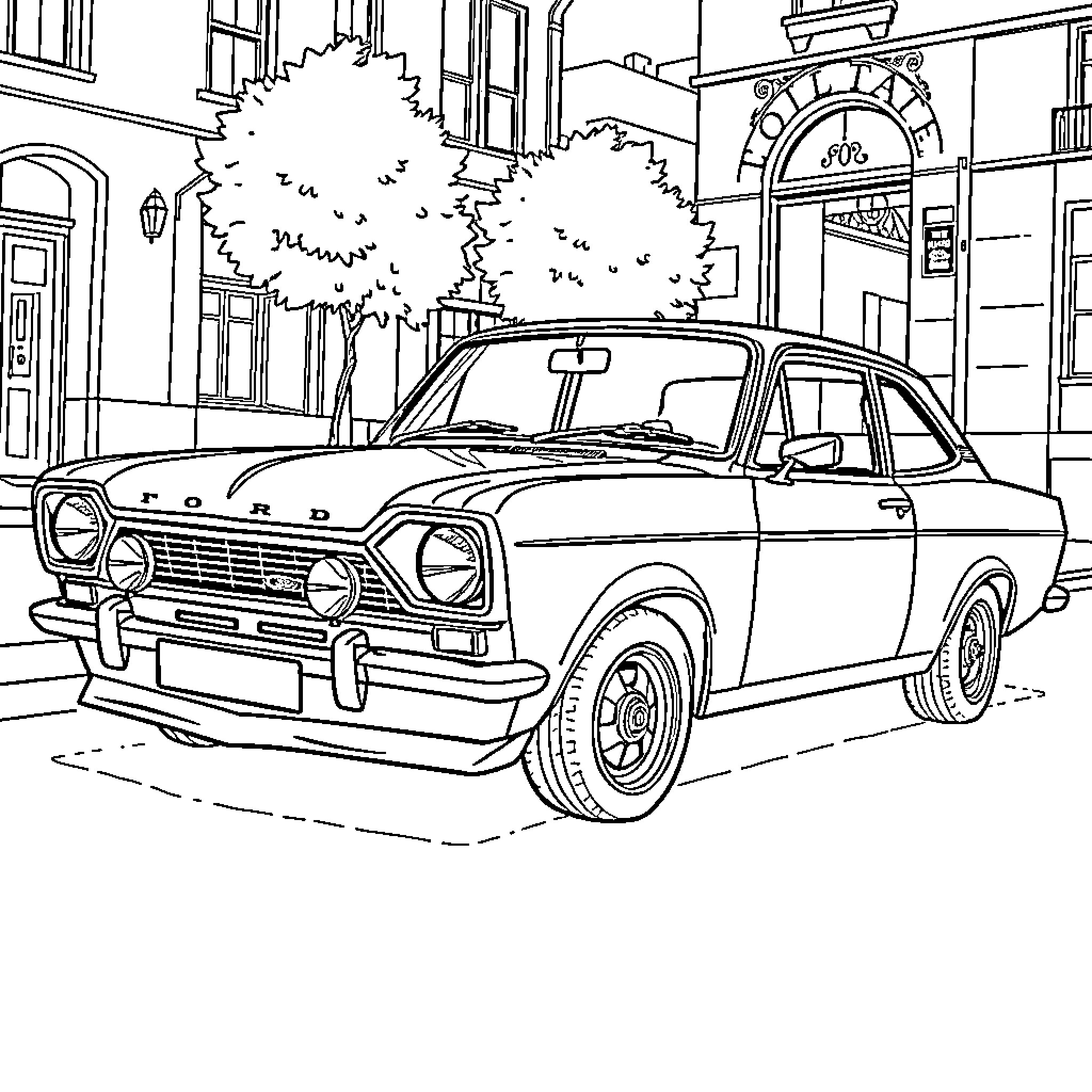 Ford Escort in a city street scene Coloring Page (free black-and-white line drawing printable PDF for all, from beginners to advanced learners, including children, teens, adults, and seniors)