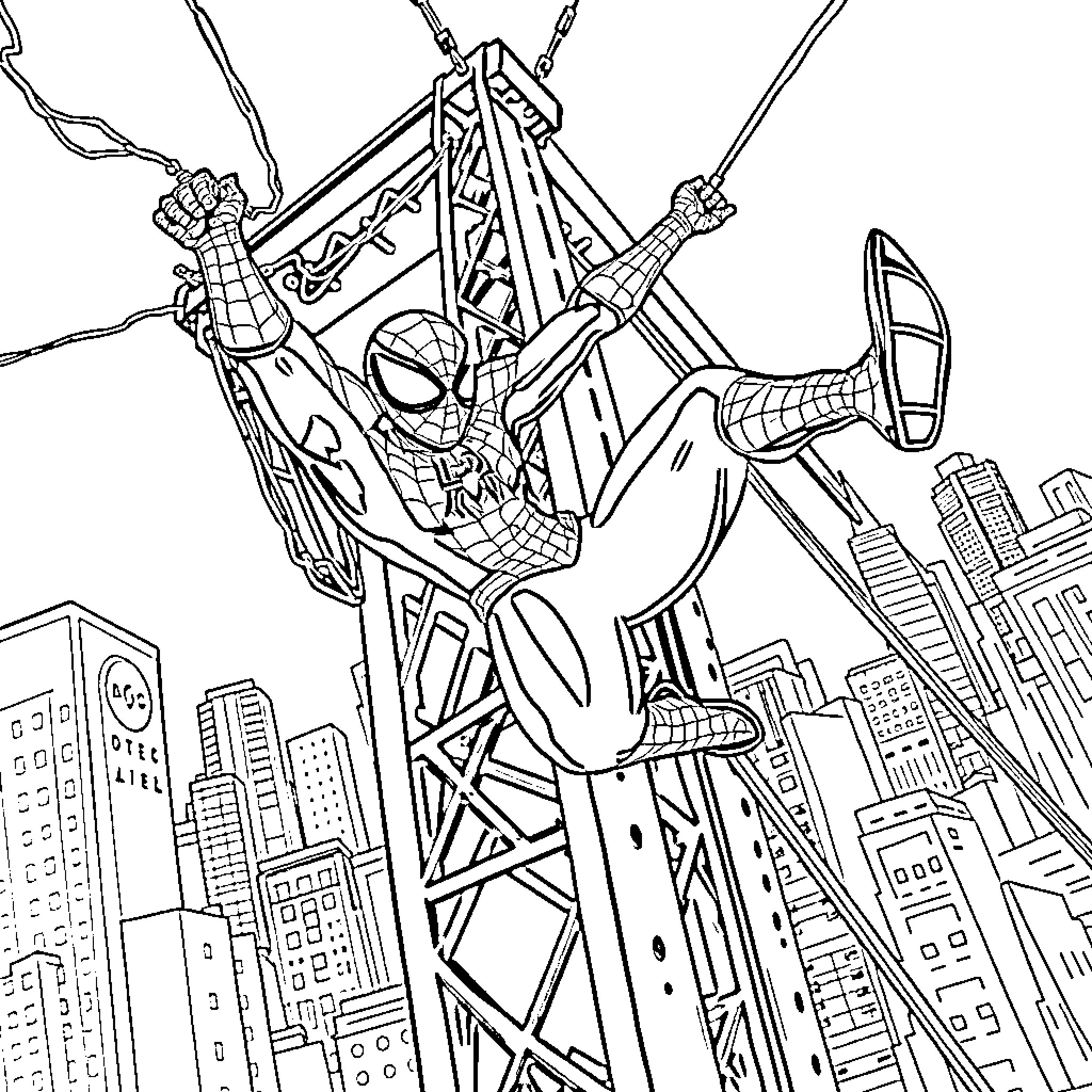 Spider-Man swinging through the city skyline Coloring Page (free black-and-white line drawing printable PDF for all, from beginners to advanced learners, including children, teens, adults, and seniors)