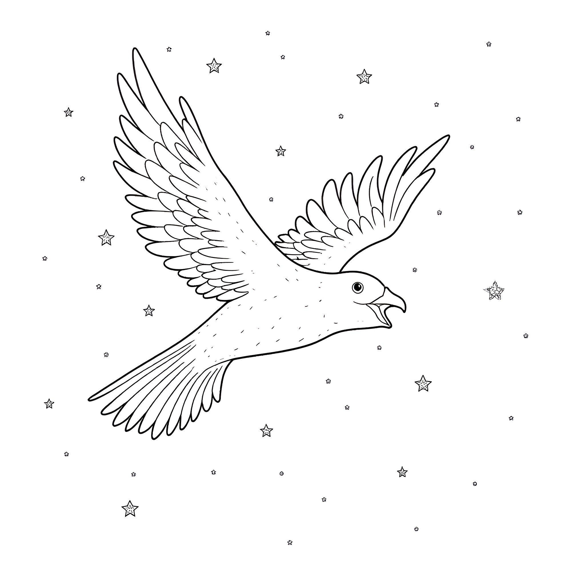 Bird soaring through the starry night sky Coloring Page (free black-and-white line drawing printable PDF for all, from beginners to advanced learners, including children, teens, adults, and seniors)