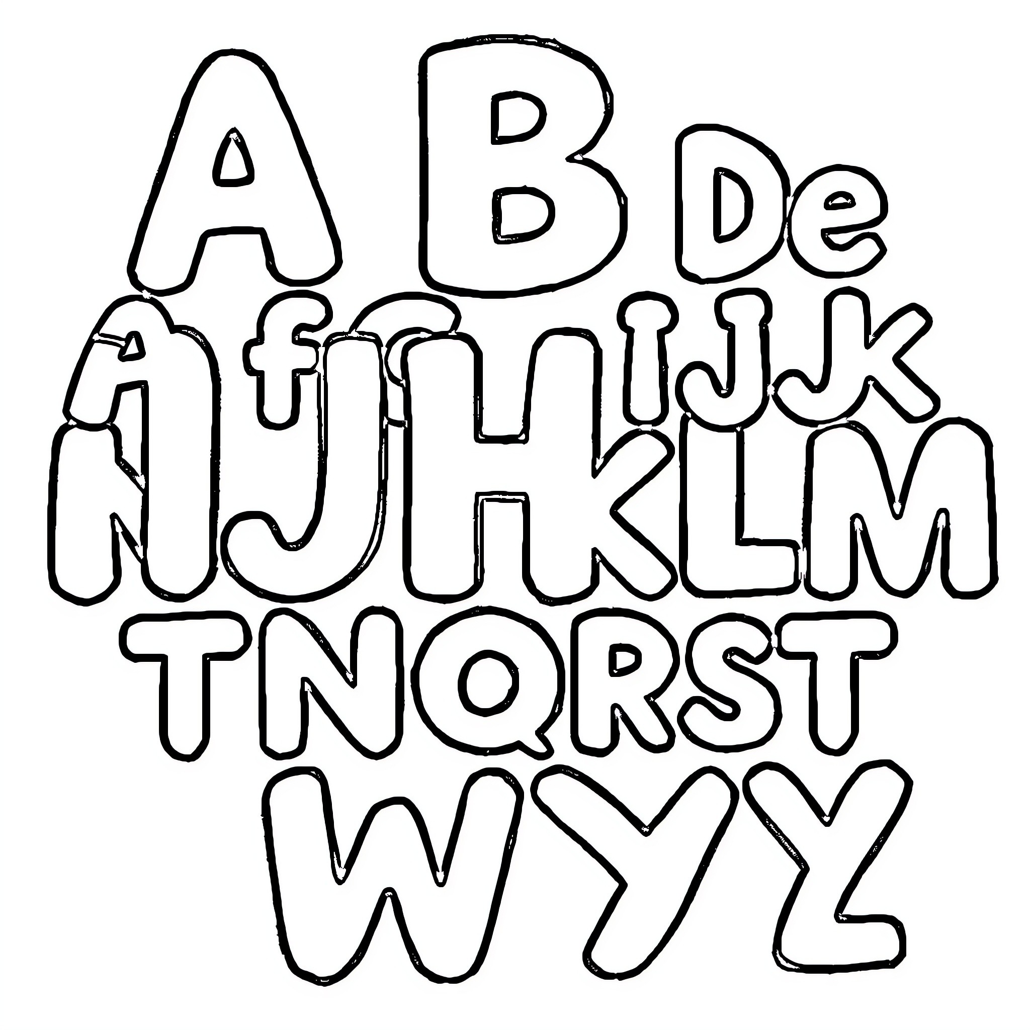 Alphabet of jumbled and whimsical letters Coloring Page (free black-and-white line drawing printable PDF for all, from beginners to advanced learners, including children, teens, adults, and seniors)