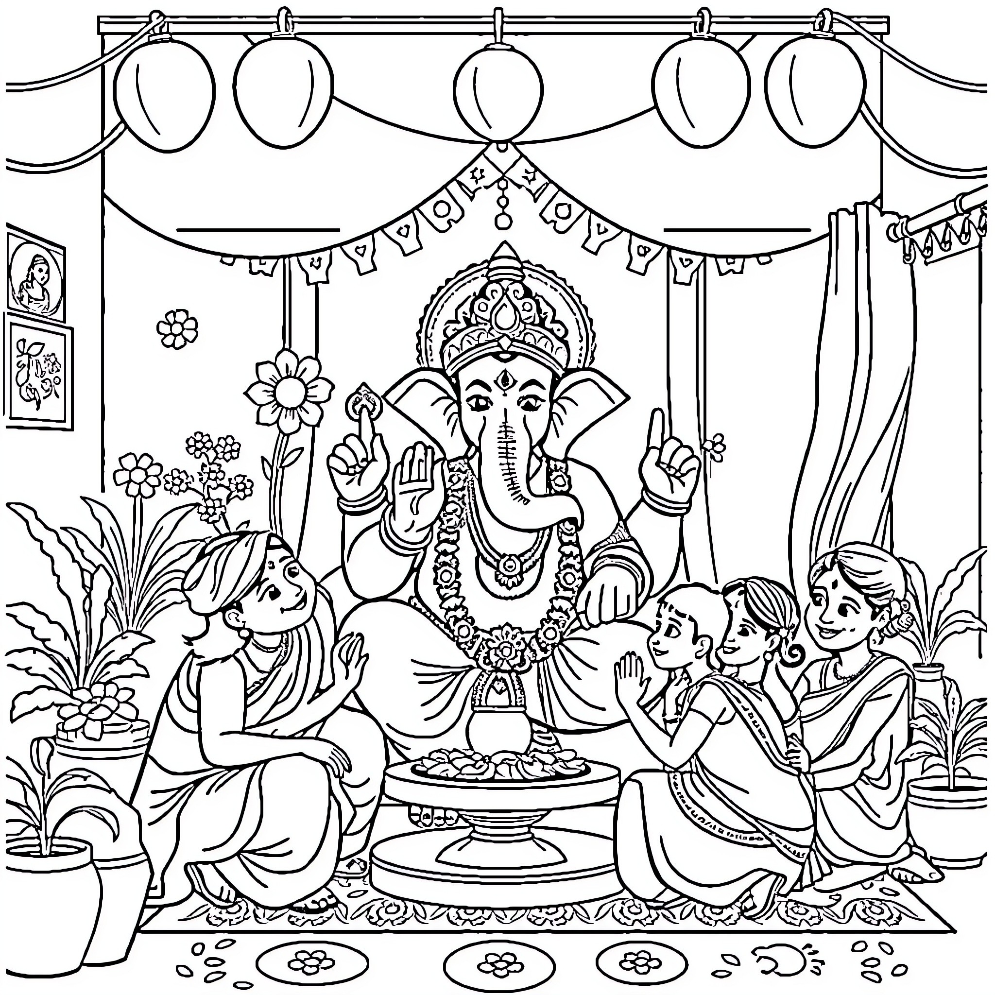 Ganesh Celebration with Devotees Coloring Page (free black-and-white line drawing printable PDF for all, from beginners to advanced learners, including children, teens, adults, and seniors)