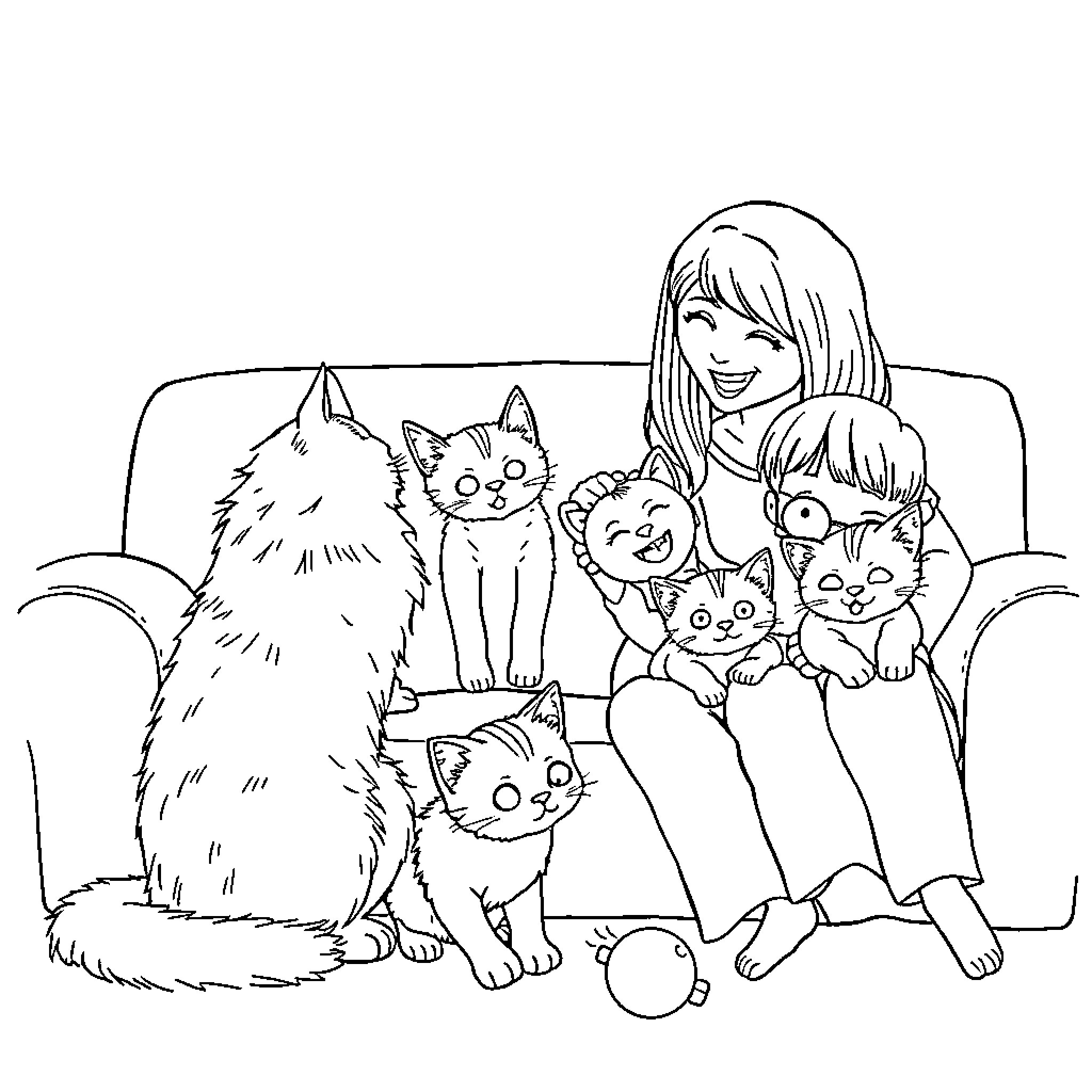 Cat with a family of kittens Coloring Page (free black-and-white line drawing printable PDF for all, from beginners to advanced learners, including children, teens, adults, and seniors)
