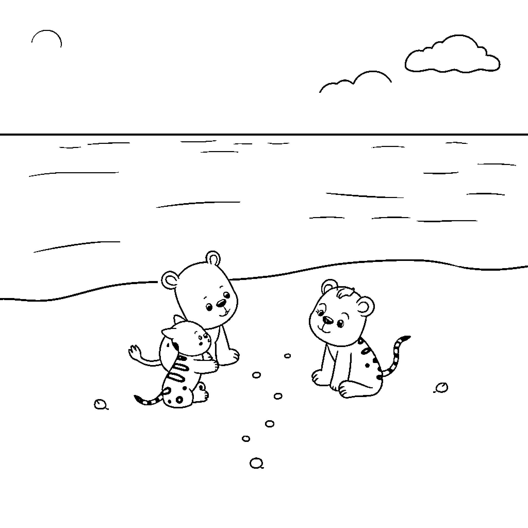 Animal friends playing on the beach Coloring Page (free black-and-white line drawing printable PDF for all, from beginners to advanced learners, including children, teens, adults, and seniors)