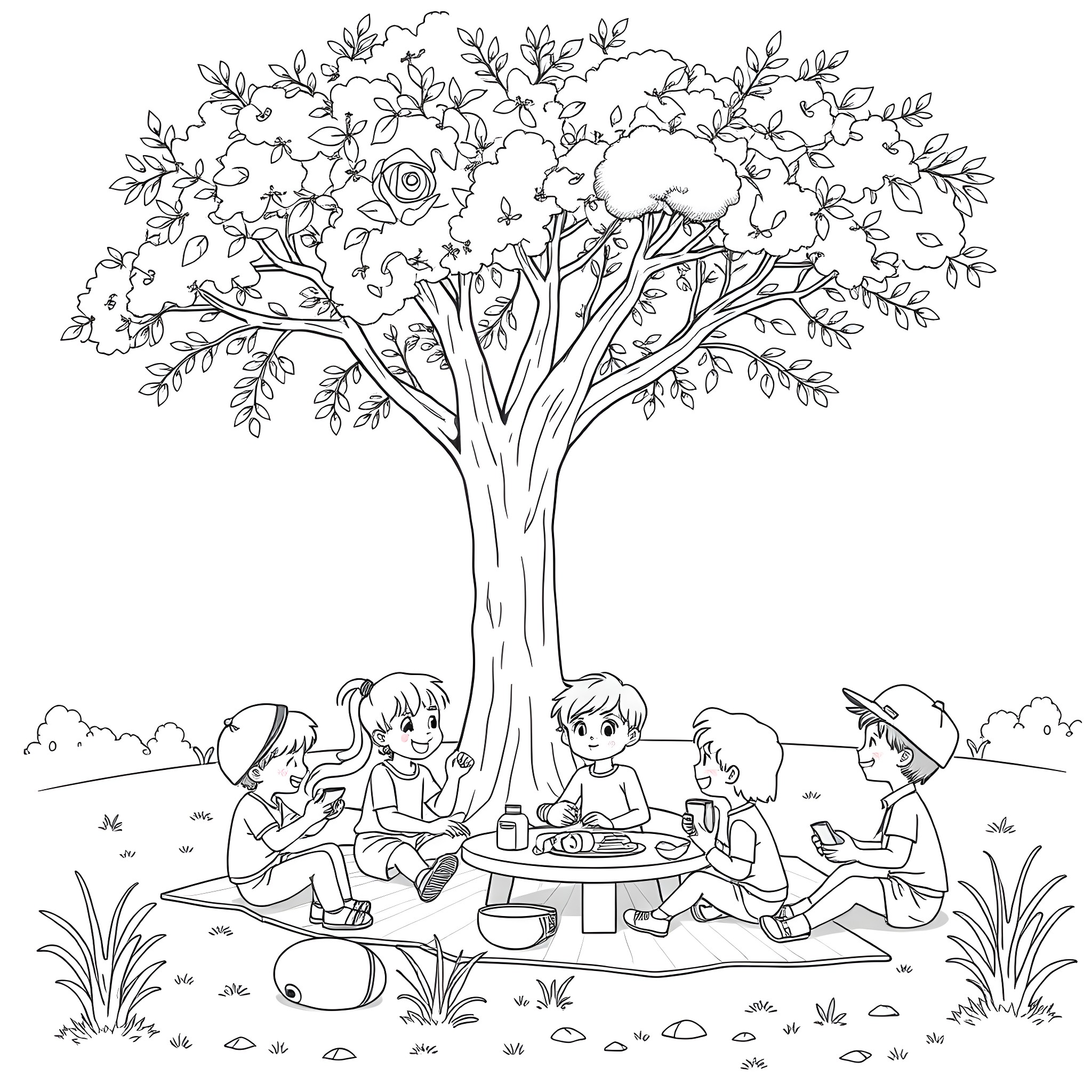 Child enjoying picnic under blooming tree Coloring Page (free black-and-white line drawing printable PDF for all, from beginners to advanced learners, including children, teens, adults, and seniors)