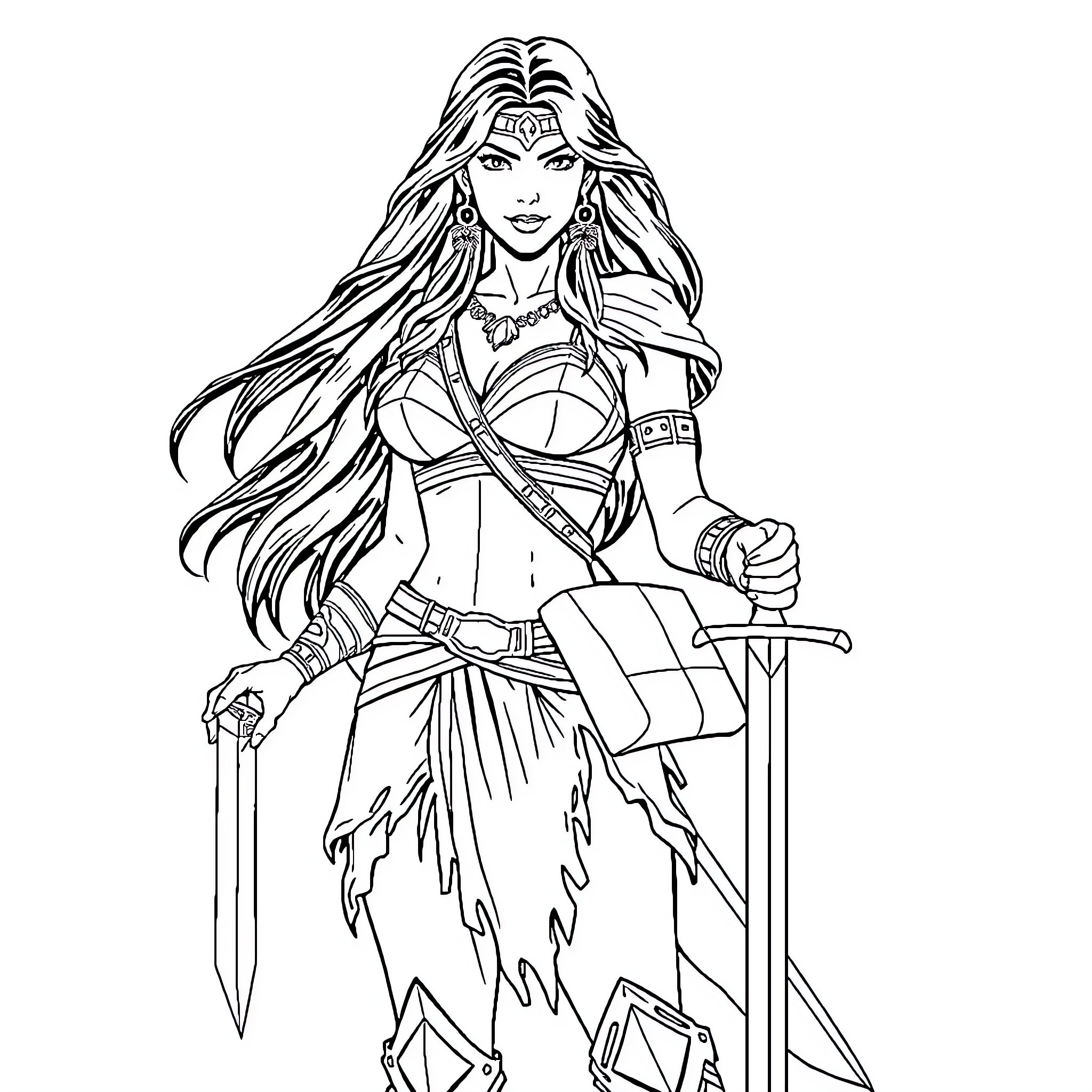 Xena the Warrior Princess in Battle Stance Coloring Page (free black-and-white line drawing printable PDF for all, from beginners to advanced learners, including children, teens, adults, and seniors)