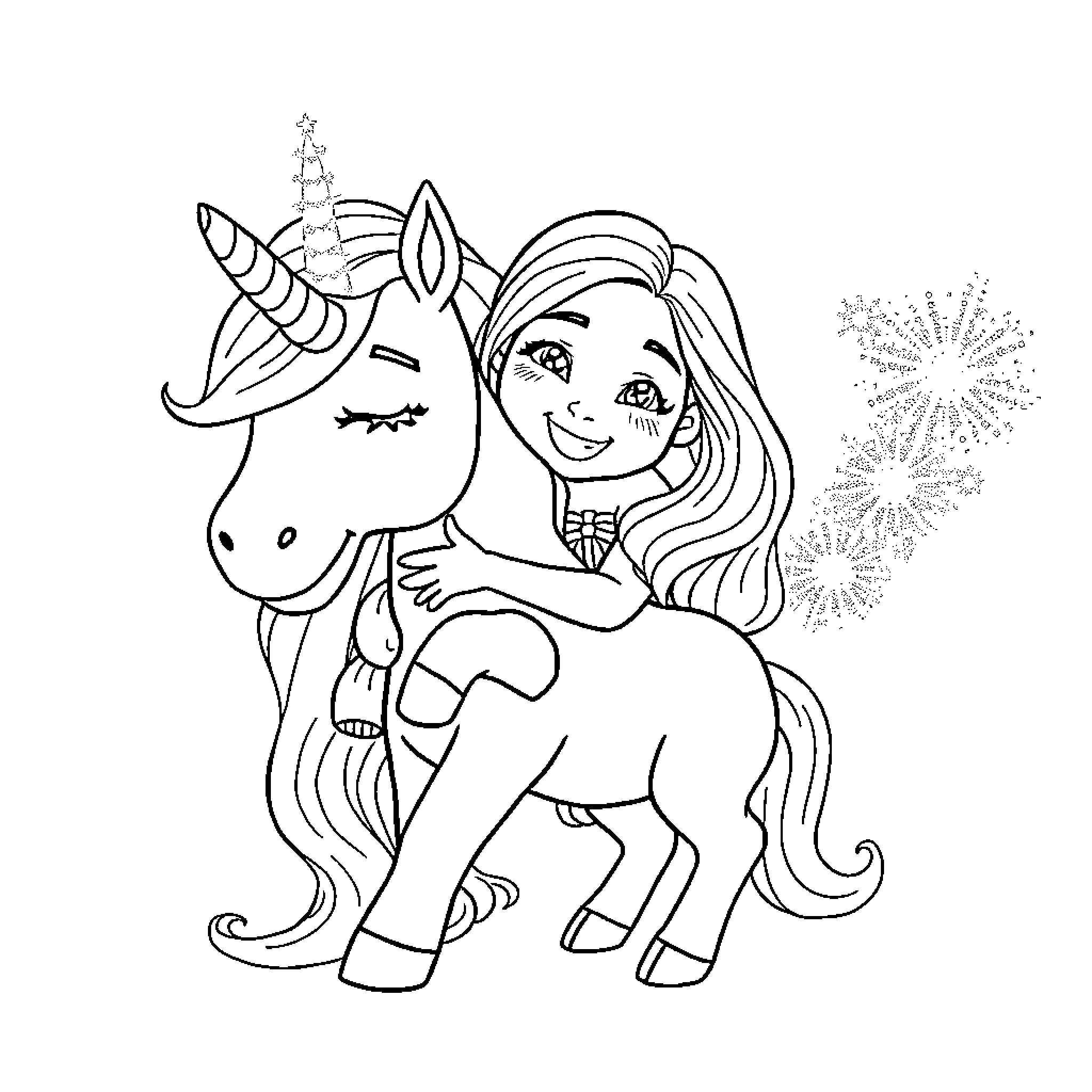 Moana and her magical unicorn friend Coloring Page (free black-and-white line drawing printable PDF for all, from beginners to advanced learners, including children, teens, adults, and seniors)