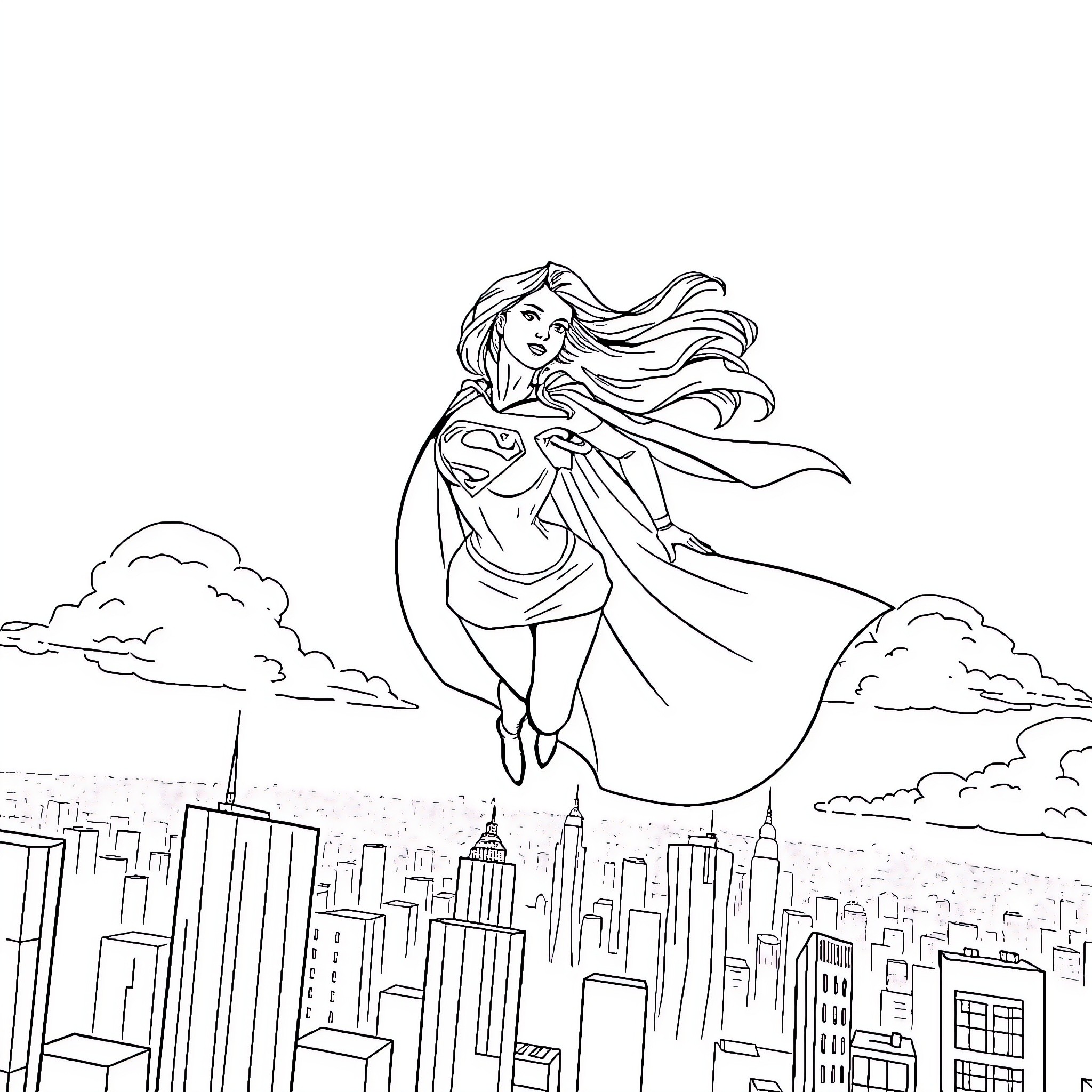 Super Girl soaring over the city skyline Coloring Page (free black-and-white line drawing printable PDF for all, from beginners to advanced learners, including children, teens, adults, and seniors)