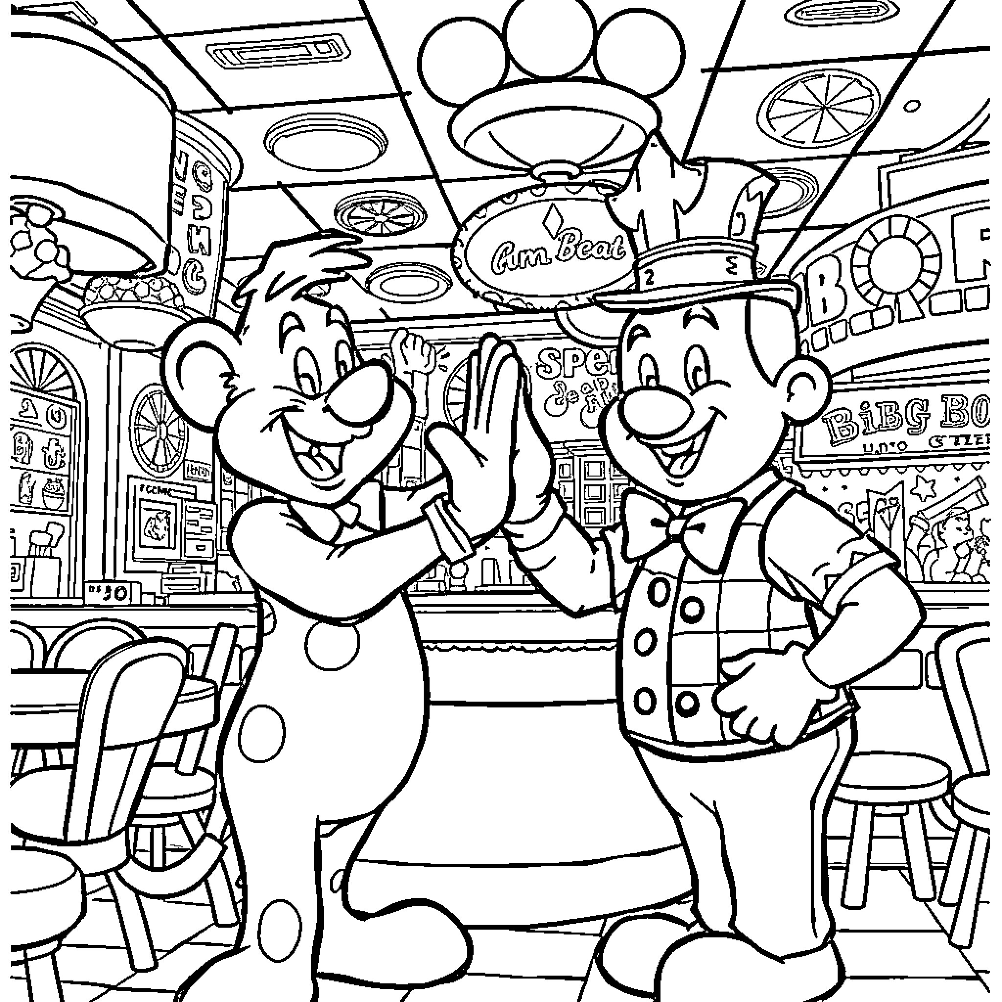 Chuck E. Cheese characters celebrating in a festive environment Coloring Page (free black-and-white line drawing printable PDF for all, from beginners to advanced learners, including children, teens, adults, and seniors)