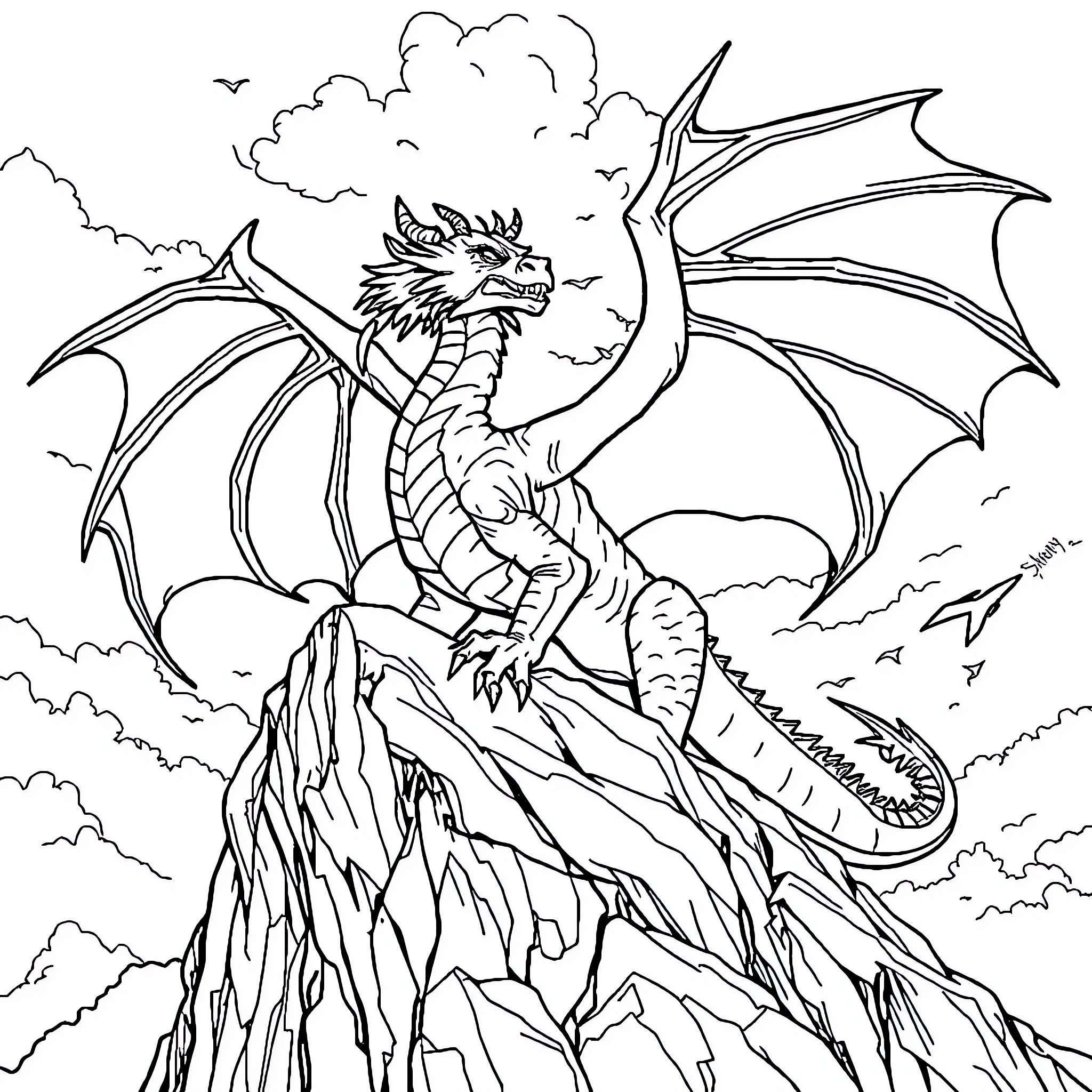Dragon soaring majestically over a rocky landscape Coloring Page (free black-and-white line drawing printable PDF for all, from beginners to advanced learners, including children, teens, adults, and seniors)
