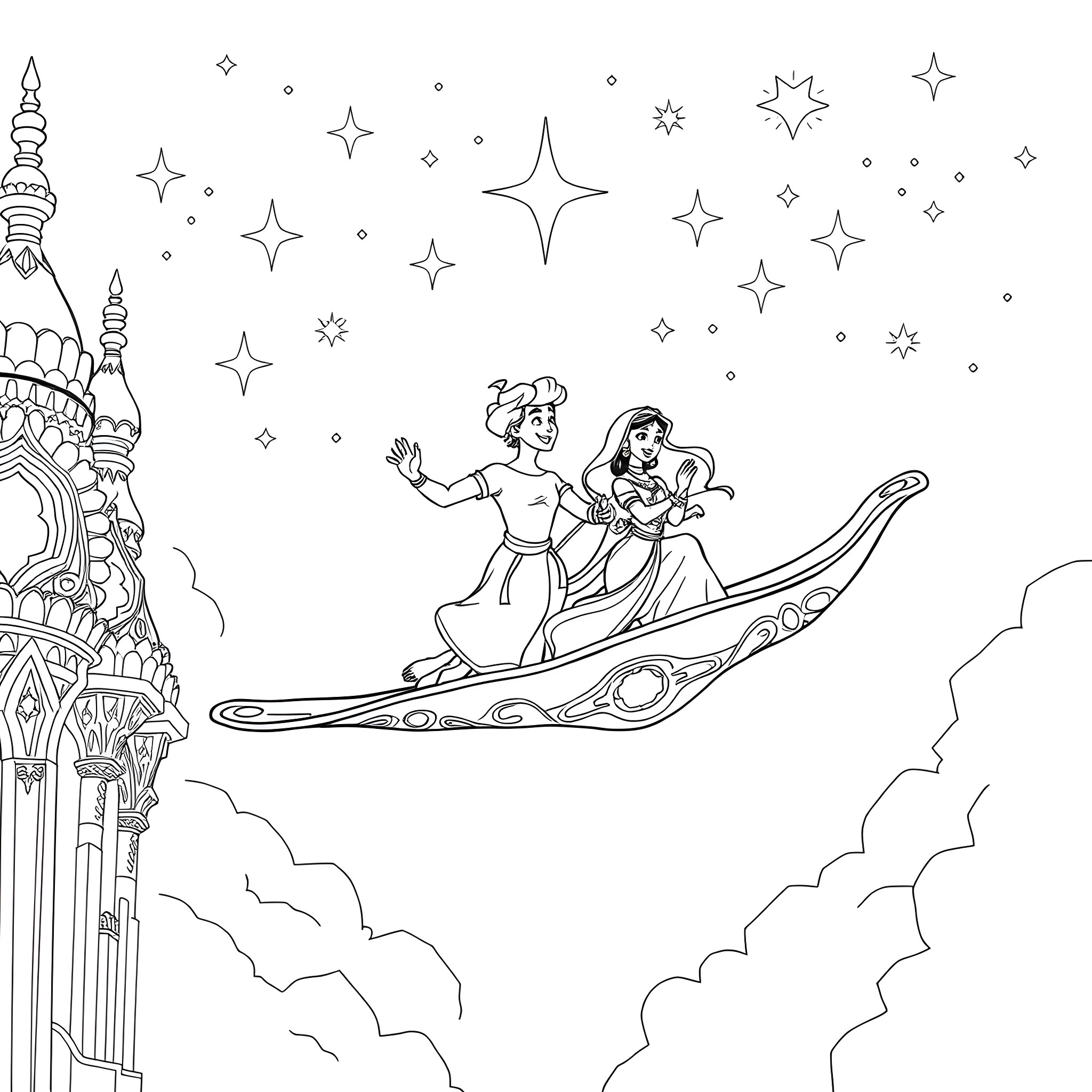 Aladdin and Jasmine's magical carpet ride through the starry night Coloring Page (free black-and-white line drawing printable PDF for all, from beginners to advanced learners, including children, teens, adults, and seniors)