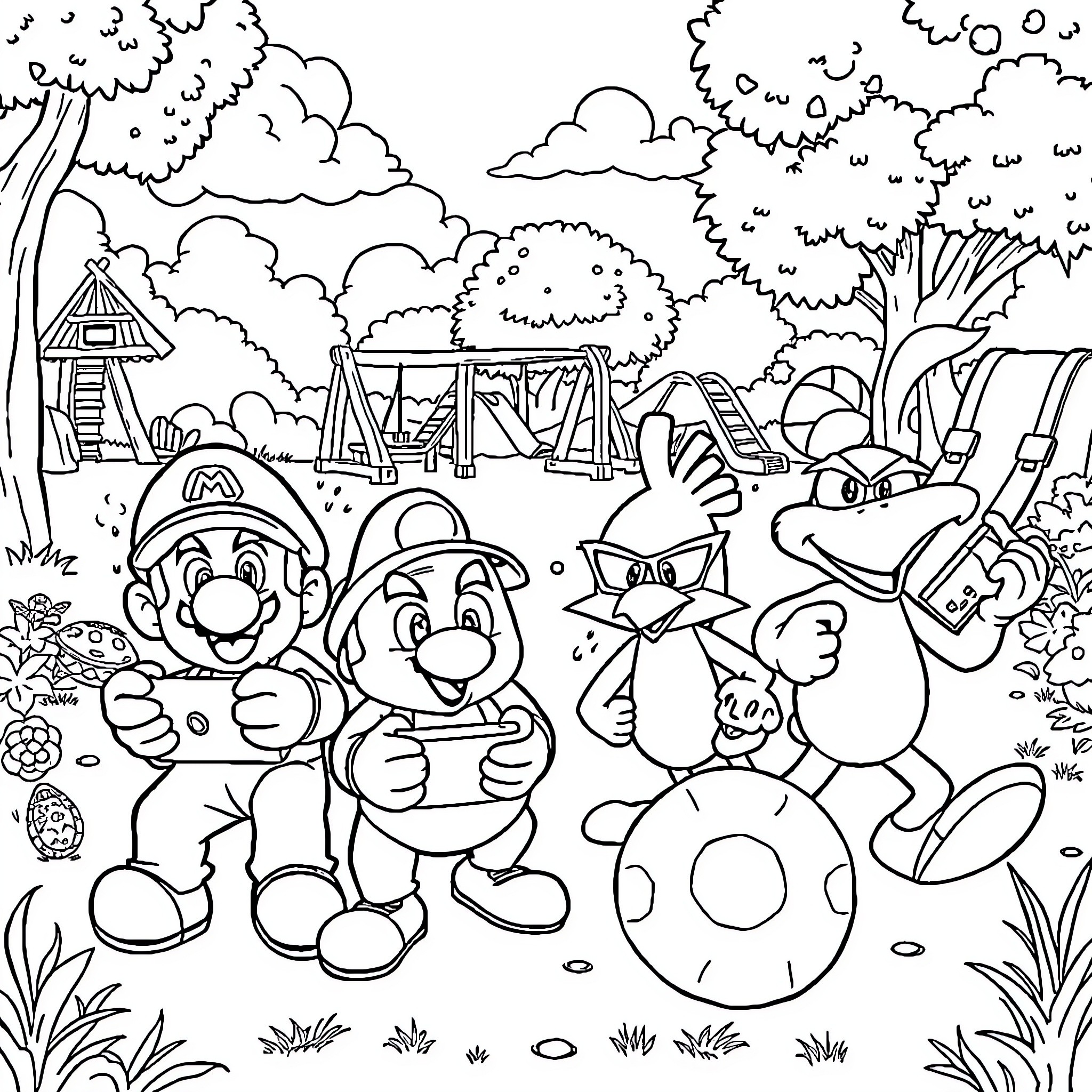Video Game Characters Enjoying the Outdoors Coloring Page (free black-and-white line drawing printable PDF for all, from beginners to advanced learners, including children, teens, adults, and seniors)