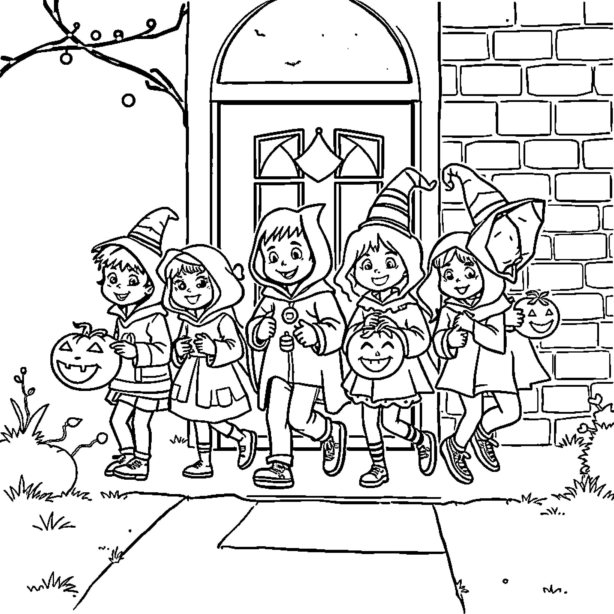 Kids dressed up for Halloween fun Coloring Page (free black-and-white line drawing printable PDF for all, from beginners to advanced learners, including children, teens, adults, and seniors)