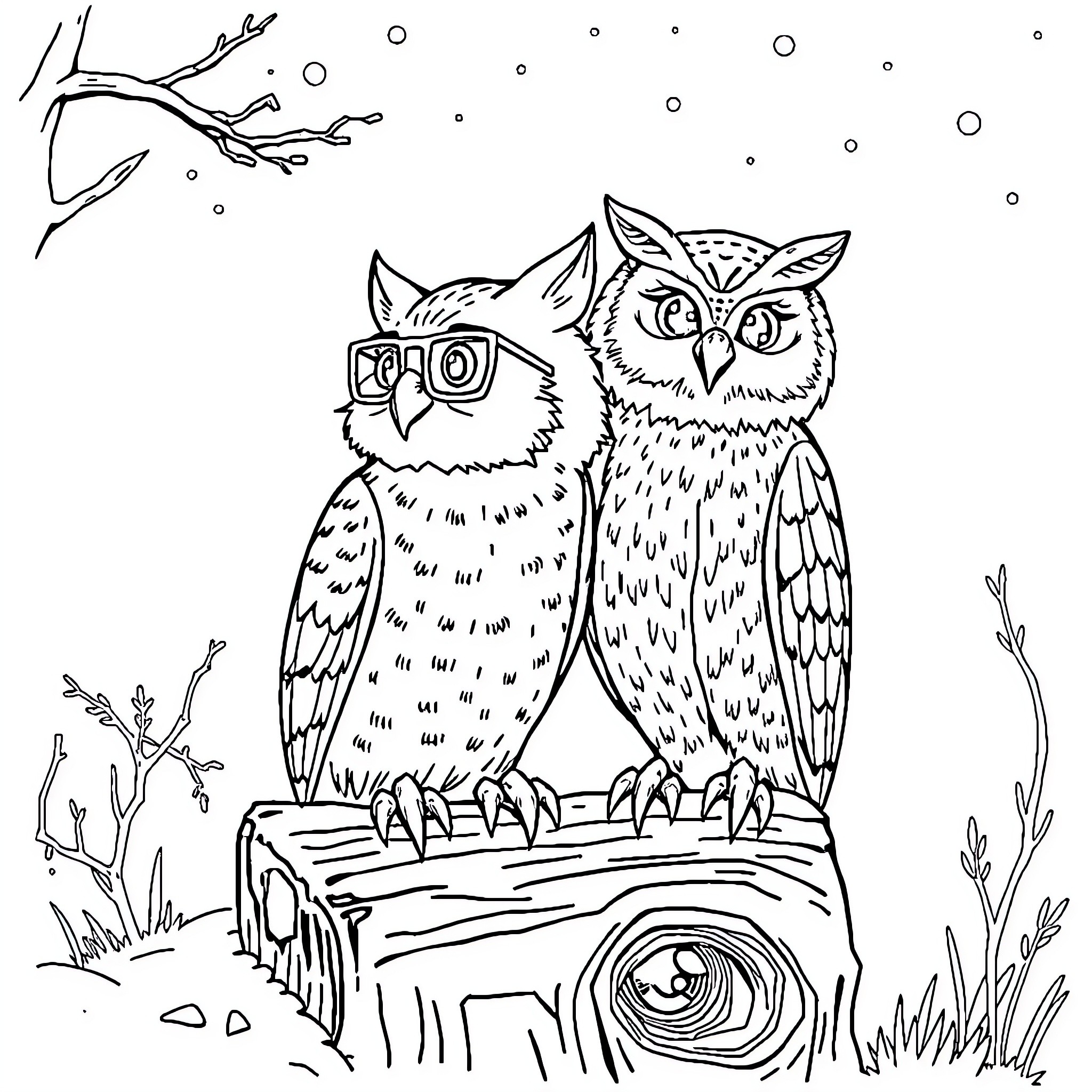 Owl couple in a snowy winter scene Coloring Page (free black-and-white line drawing printable PDF for all, from beginners to advanced learners, including children, teens, adults, and seniors)