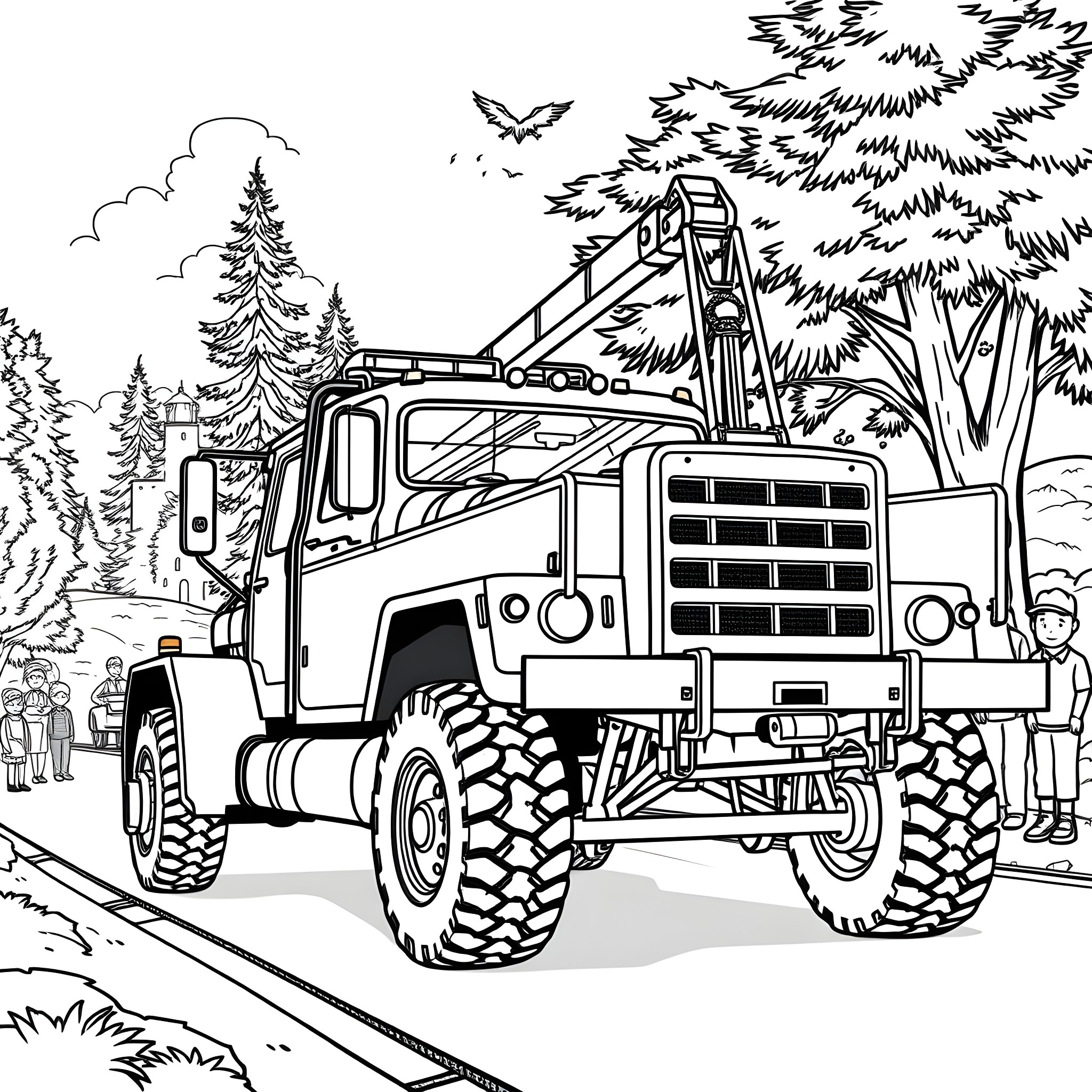 Tow Pickup Truck Assisting in the Wilderness Coloring Page (free black-and-white line drawing printable PDF for all, from beginners to advanced learners, including children, teens, adults, and seniors)