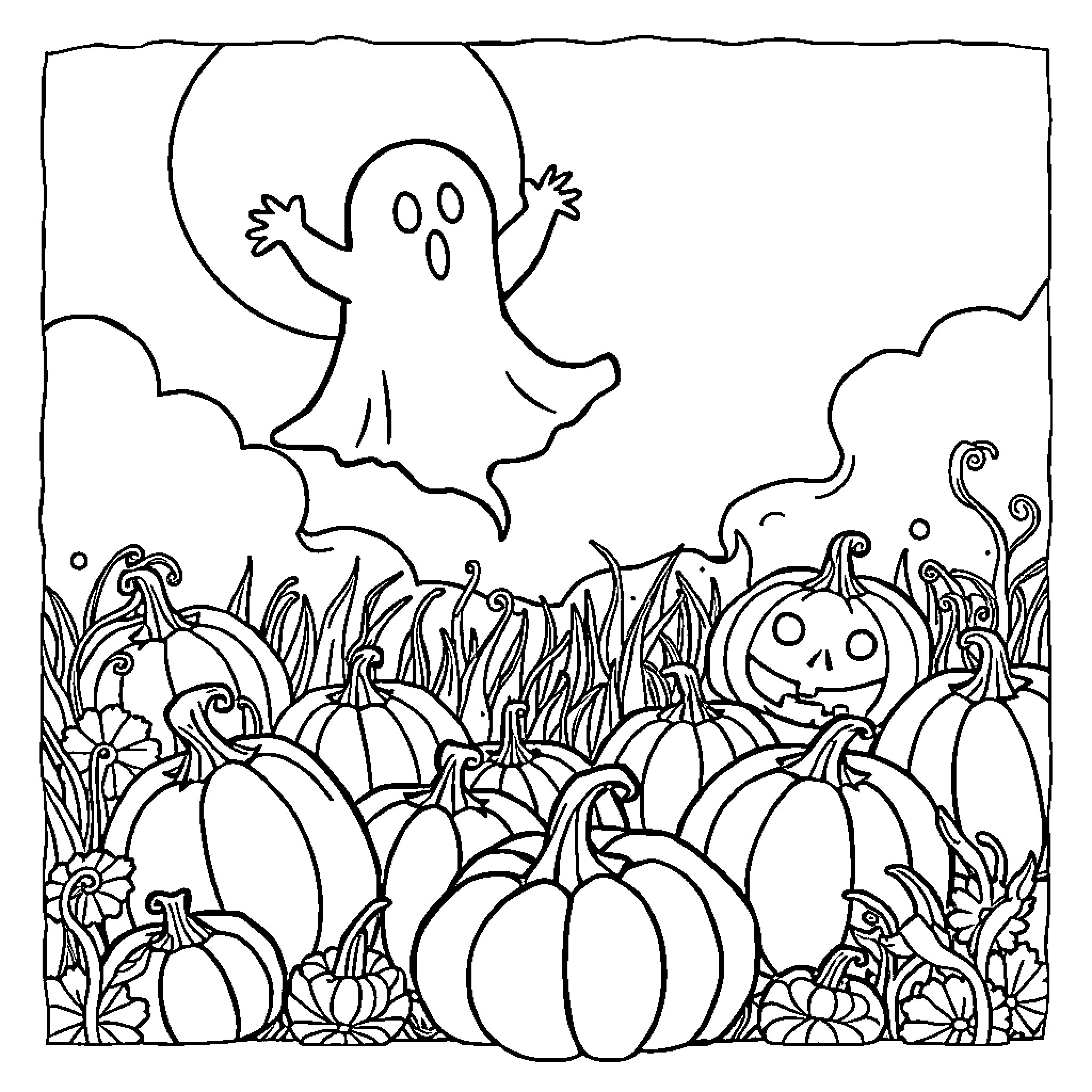 Ghost playing among pumpkins and flowers Coloring Page (free black-and-white line drawing printable PDF for all, from beginners to advanced learners, including children, teens, adults, and seniors)