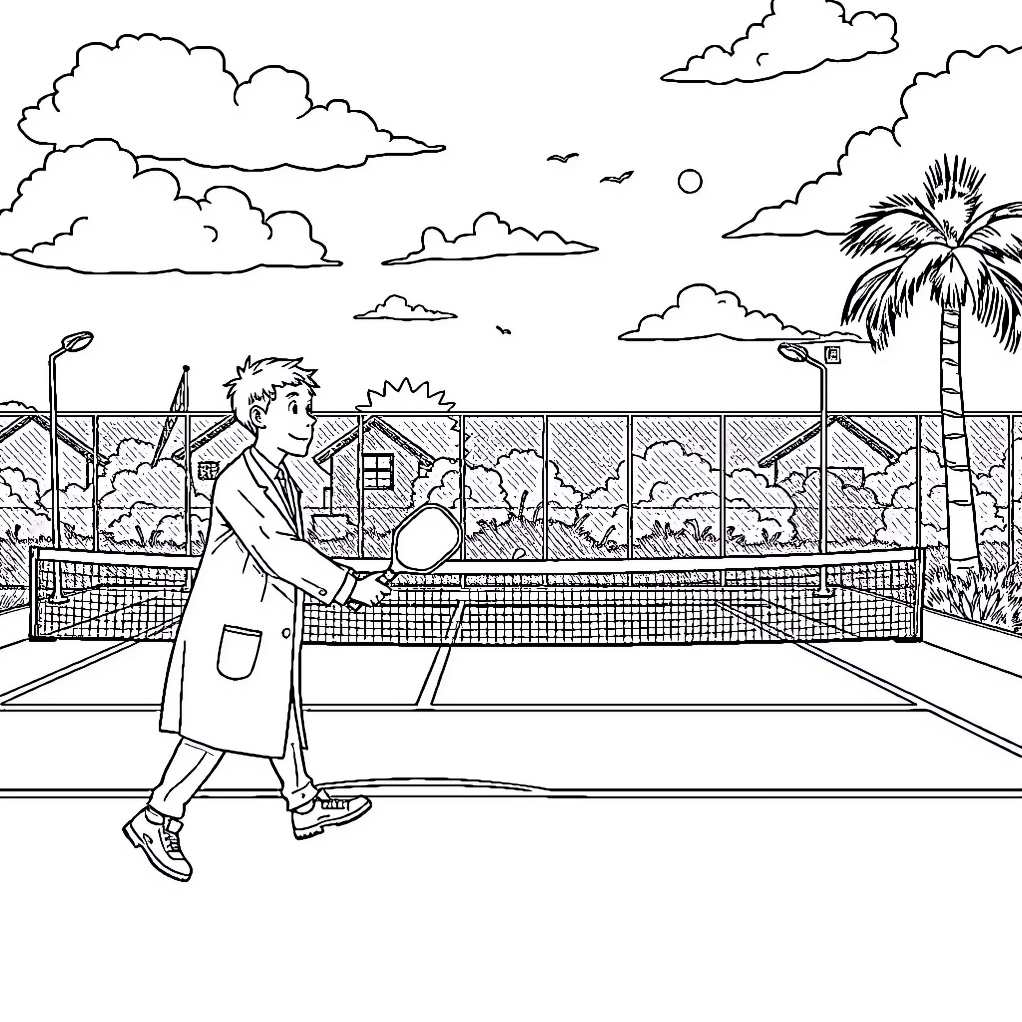 Dentist examining patient in outdoor clinic Coloring Page (free black-and-white line drawing printable PDF for all, from beginners to advanced learners, including children, teens, adults, and seniors)