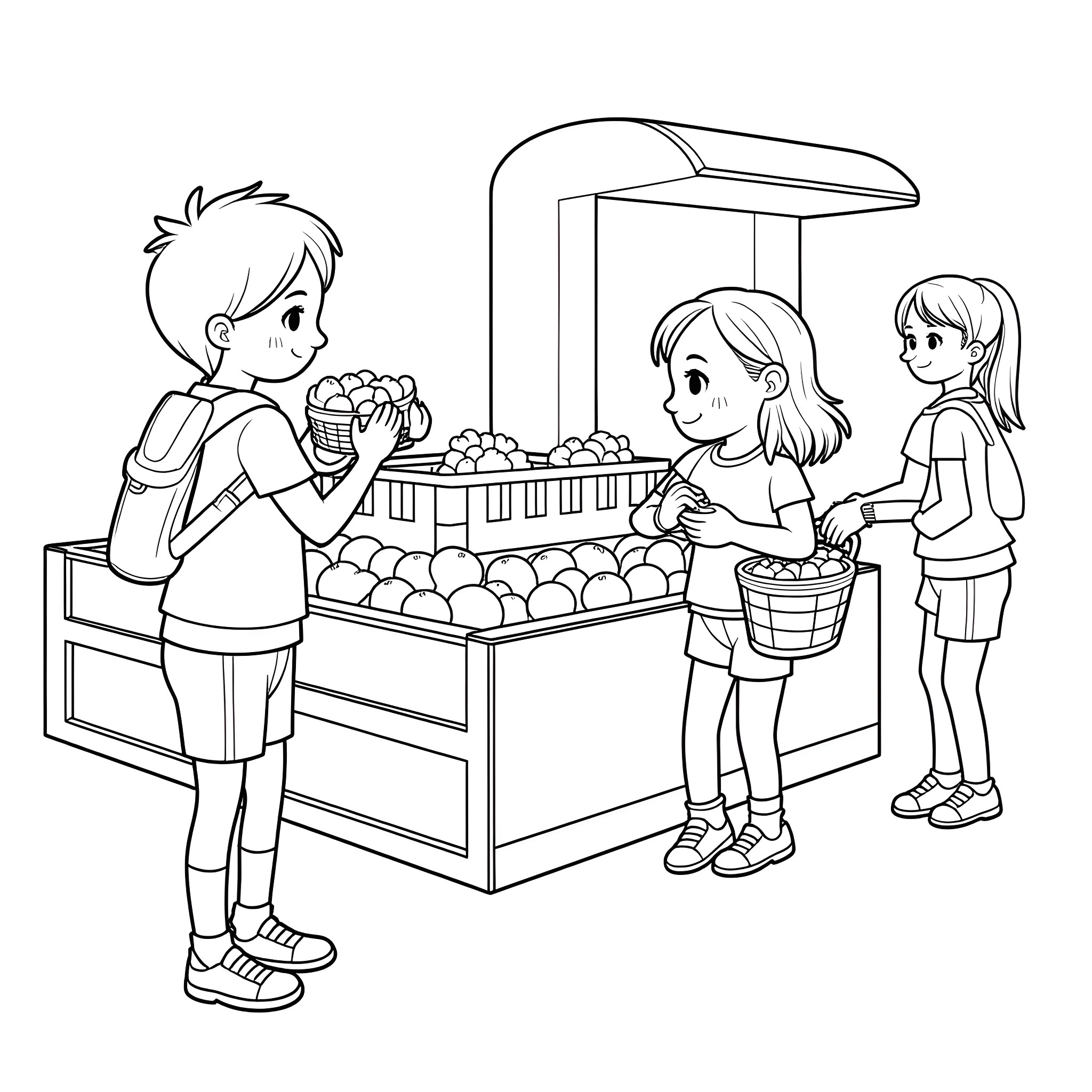 Child Grocery Shopping with Friends Coloring Page (free black-and-white line drawing printable PDF for all, from beginners to advanced learners, including children, teens, adults, and seniors)