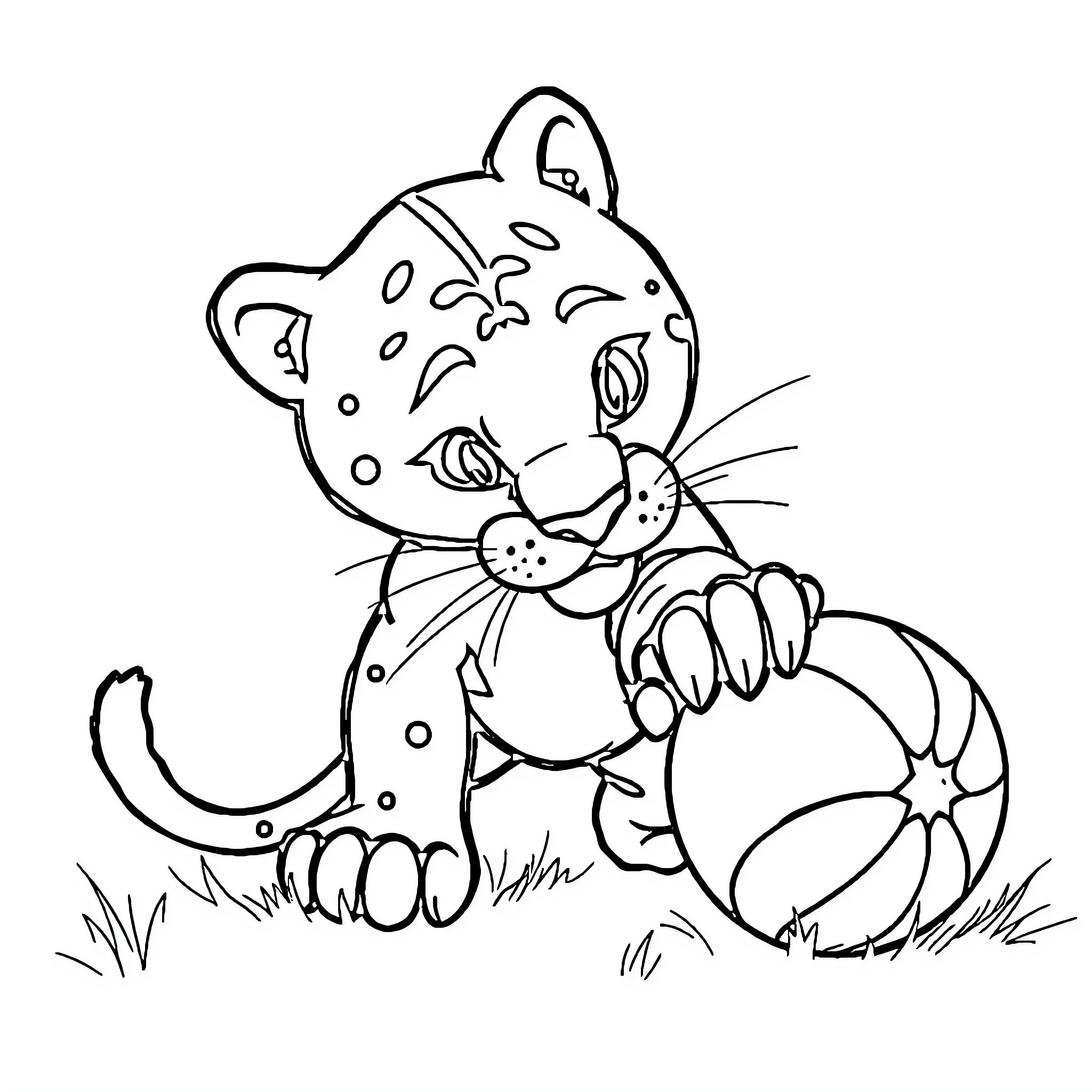 Panther cub playing with ball in the grass Coloring Page (free black-and-white line drawing printable PDF for all, from beginners to advanced learners, including children, teens, adults, and seniors)