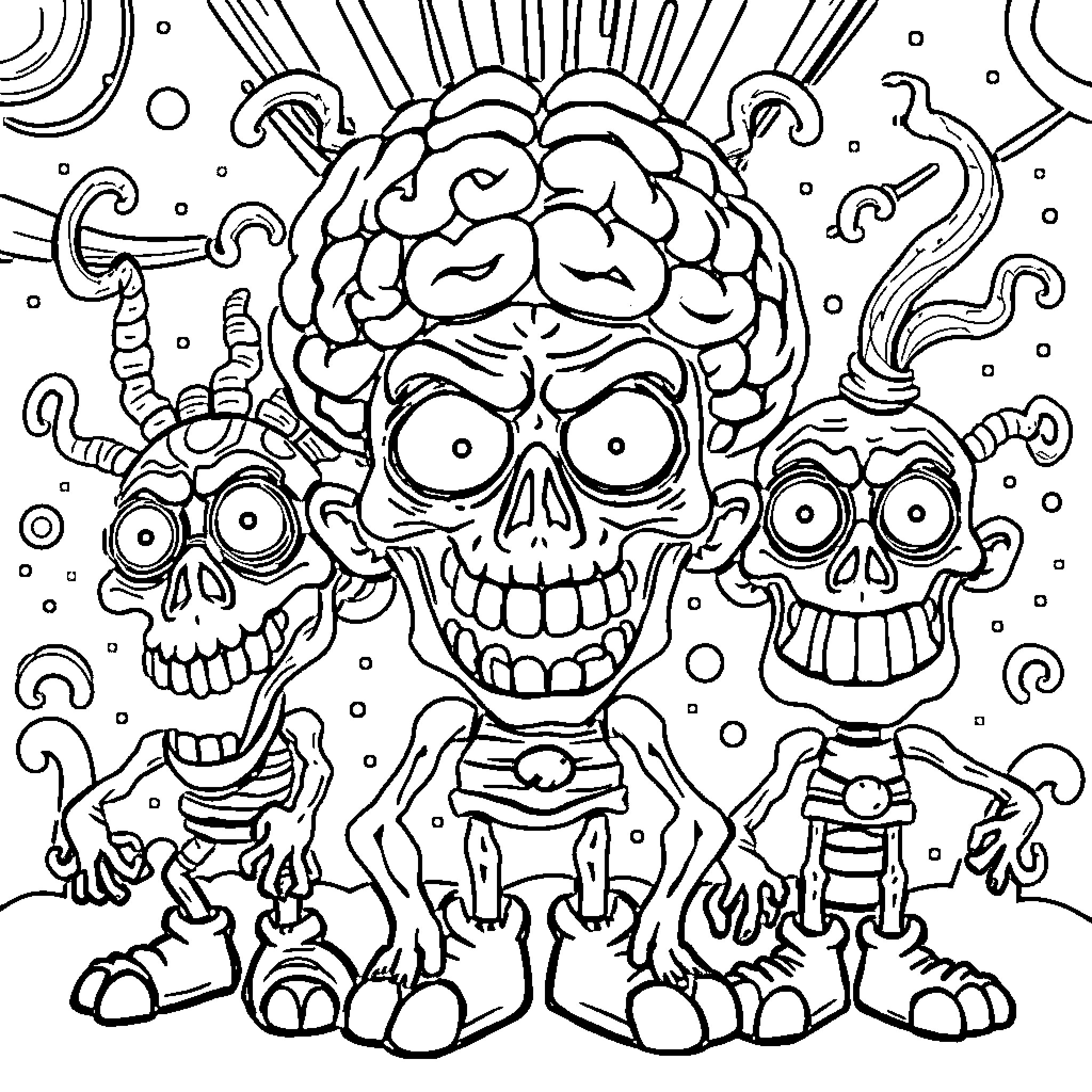 Brain Rot Skull Creatures in Bizarre Dimension Coloring Page (free black-and-white line drawing printable PDF for all, from beginners to advanced learners, including children, teens, adults, and seniors)