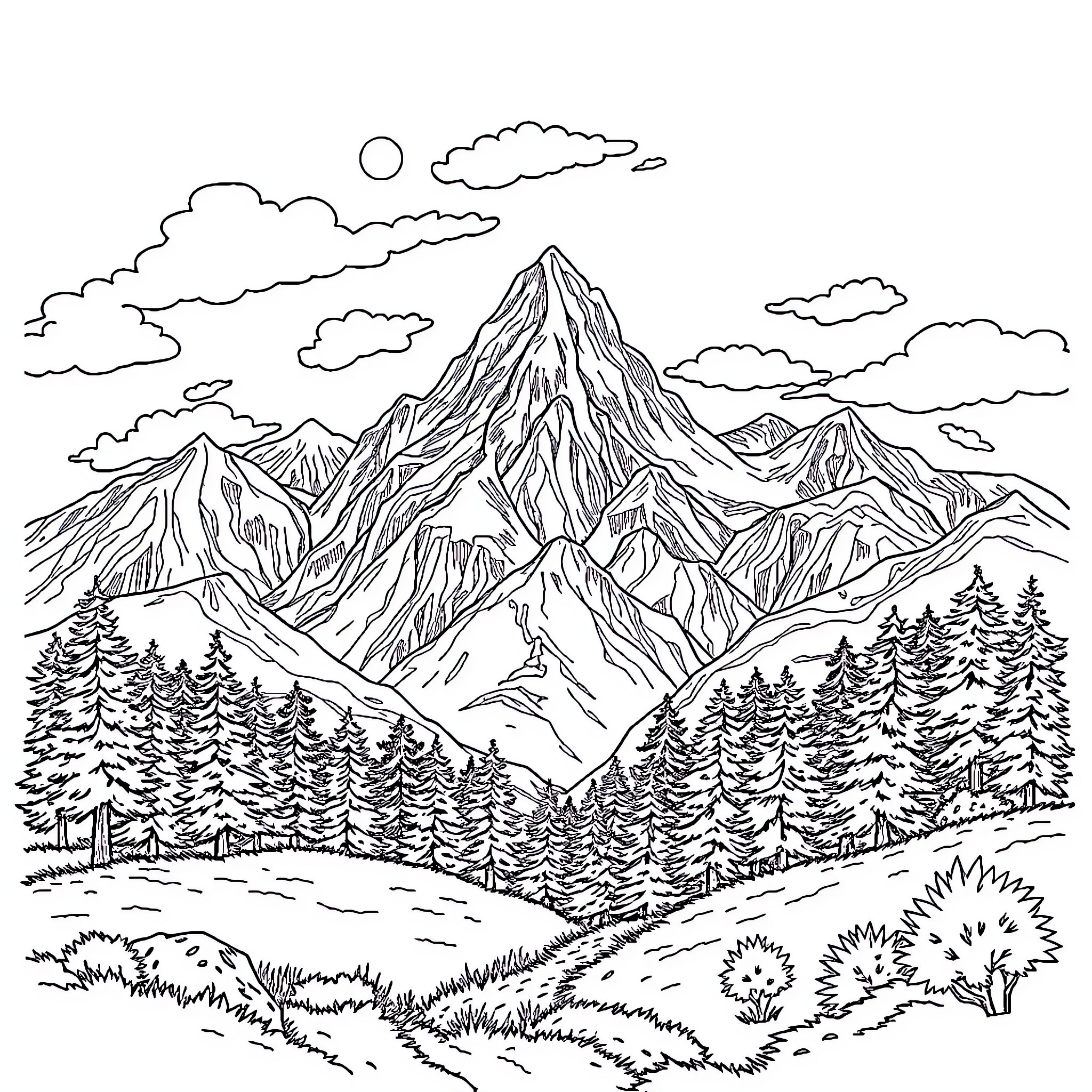 Klek Entòs: Majestic Mountain Landscape Coloring Page (free black-and-white line drawing printable PDF for all, from beginners to advanced learners, including children, teens, adults, and seniors)