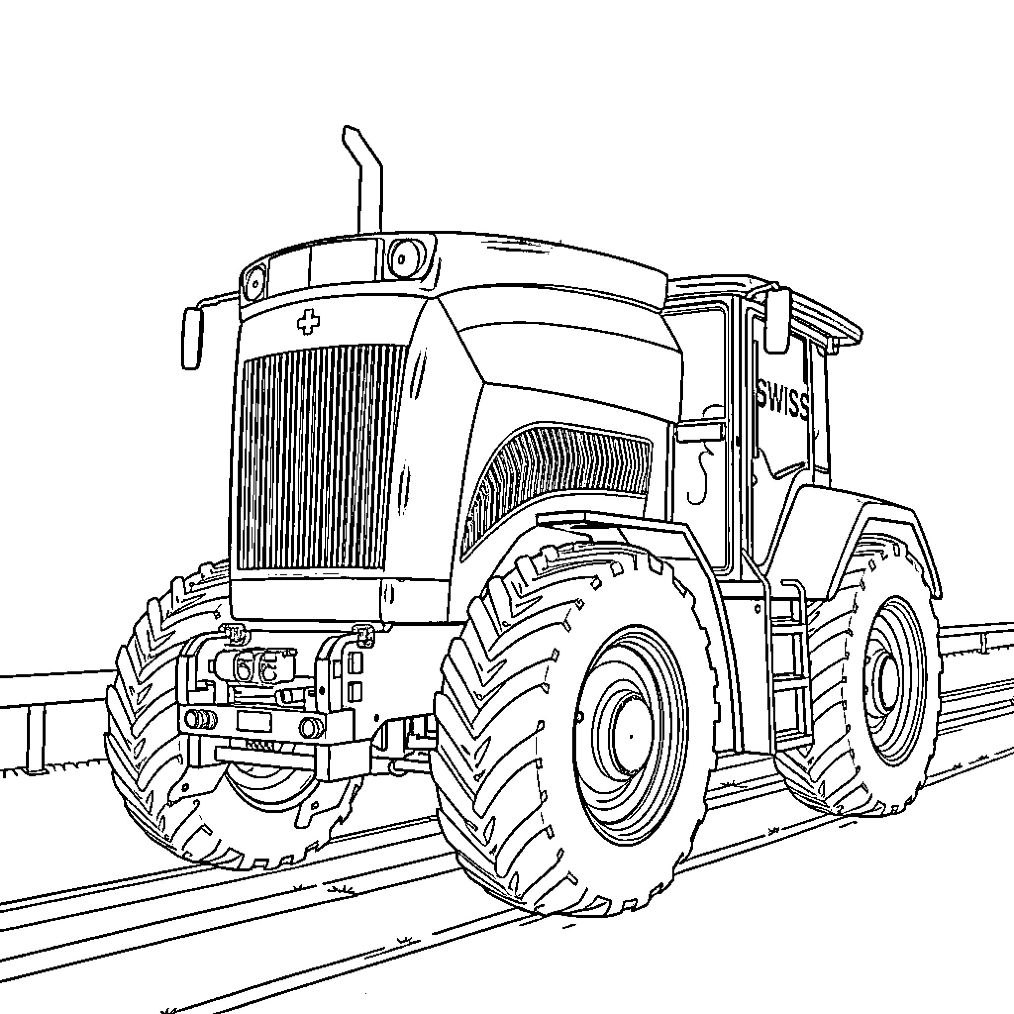 Tractor on the road in black and white Coloring Page (free black-and-white line drawing printable PDF for all, from beginners to advanced learners, including children, teens, adults, and seniors)