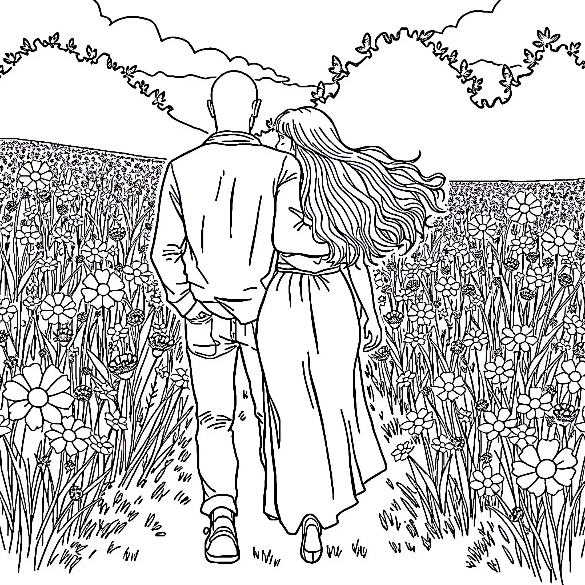 Man and woman walking together in a flowery field Coloring Page (free black-and-white line drawing printable PDF for all, from beginners to advanced learners, including children, teens, adults, and seniors)