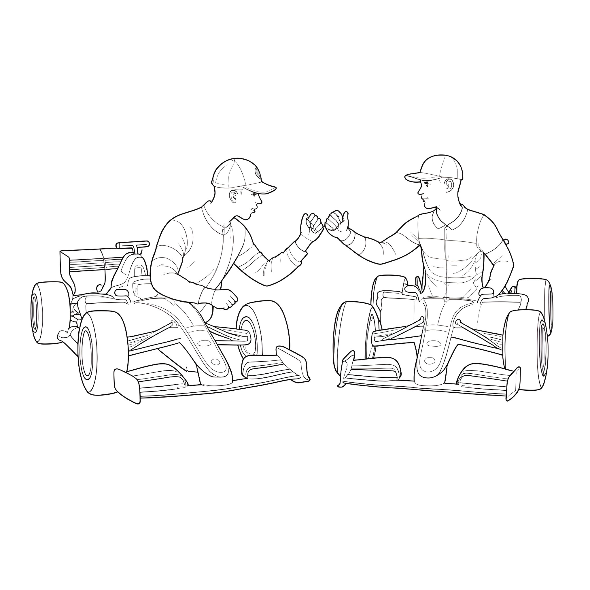 F1 Drivers Shaking Hands in Pit Coloring Page (free black-and-white line drawing printable PDF for all, from beginners to advanced learners, including children, teens, adults, and seniors)