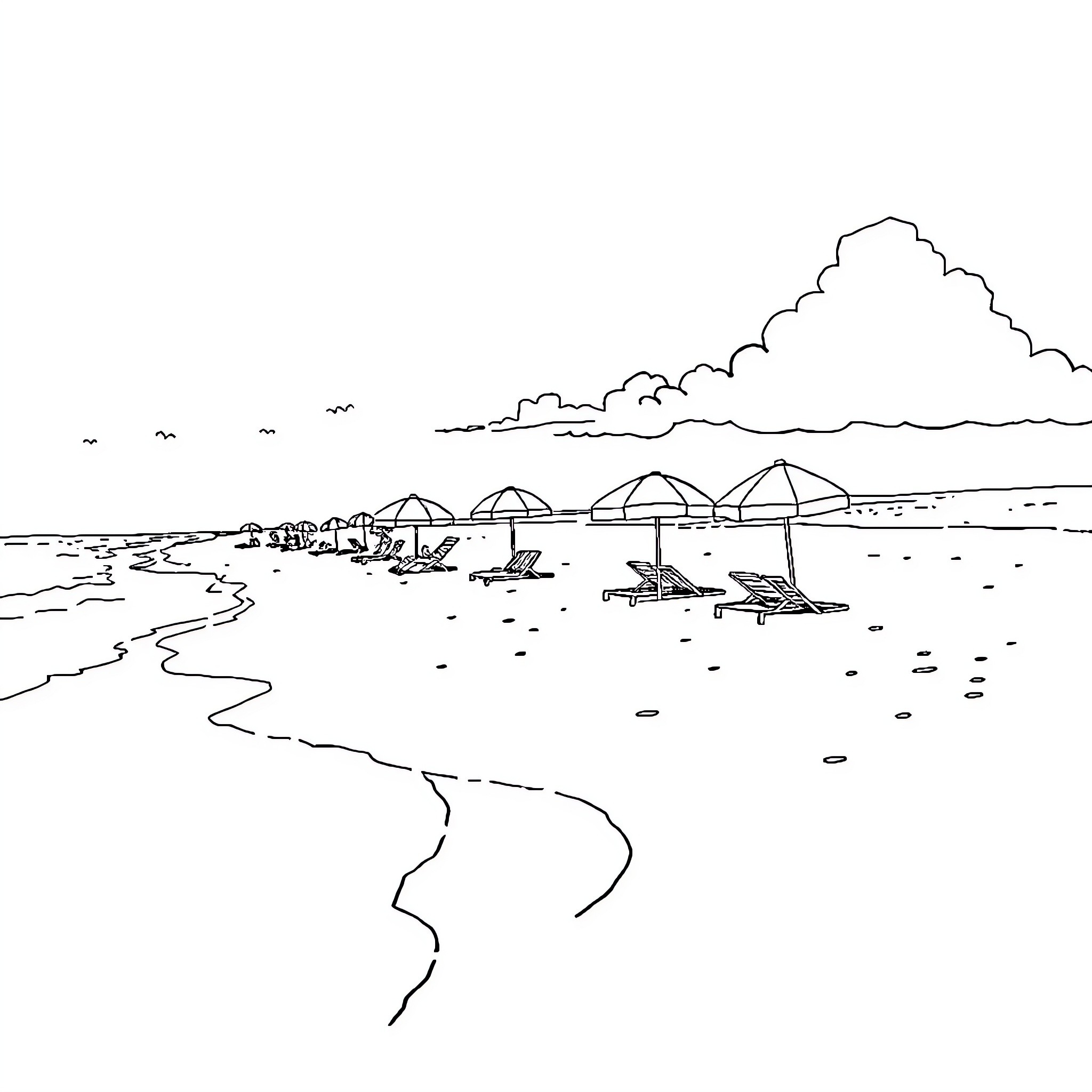 Beach scene with umbrellas and lounge chairs Coloring Page (free black-and-white line drawing printable PDF for all, from beginners to advanced learners, including children, teens, adults, and seniors)