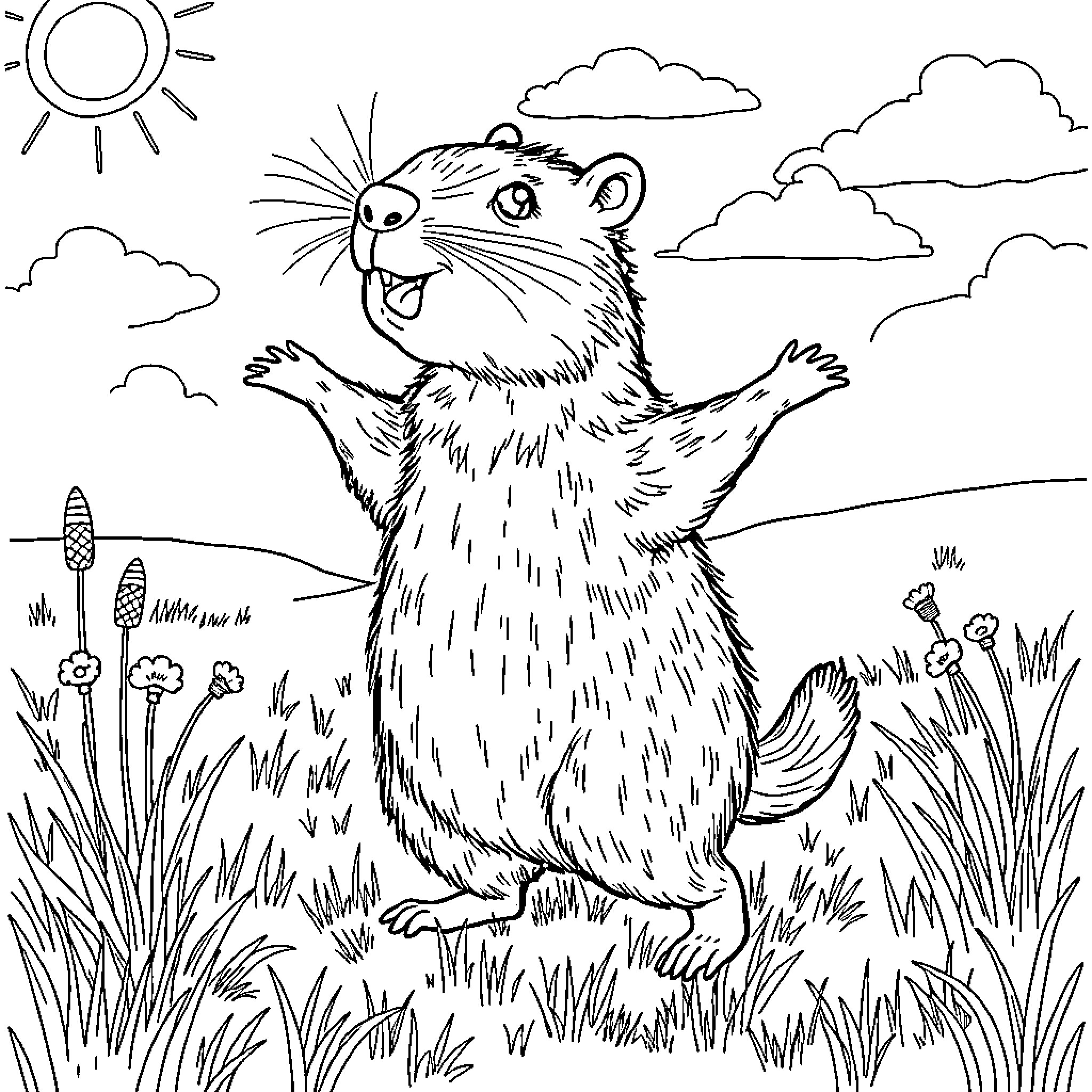 Capybara enjoying the sunny day outdoors Coloring Page (free black-and-white line drawing printable PDF for all, from beginners to advanced learners, including children, teens, adults, and seniors)