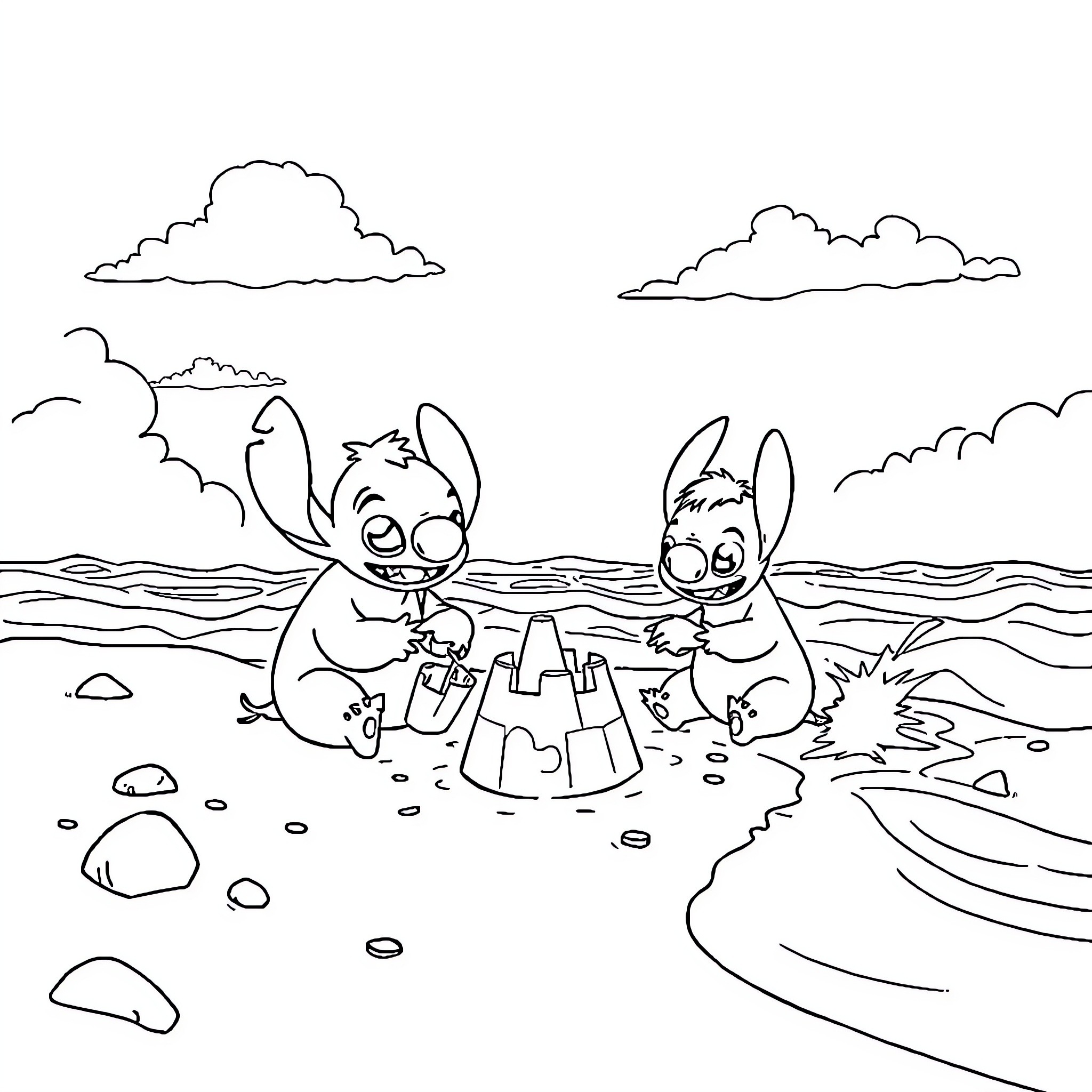 Stitch and Scrump building a sandcastle at the beach Coloring Page (free black-and-white line drawing printable PDF for all, from beginners to advanced learners, including children, teens, adults, and seniors)